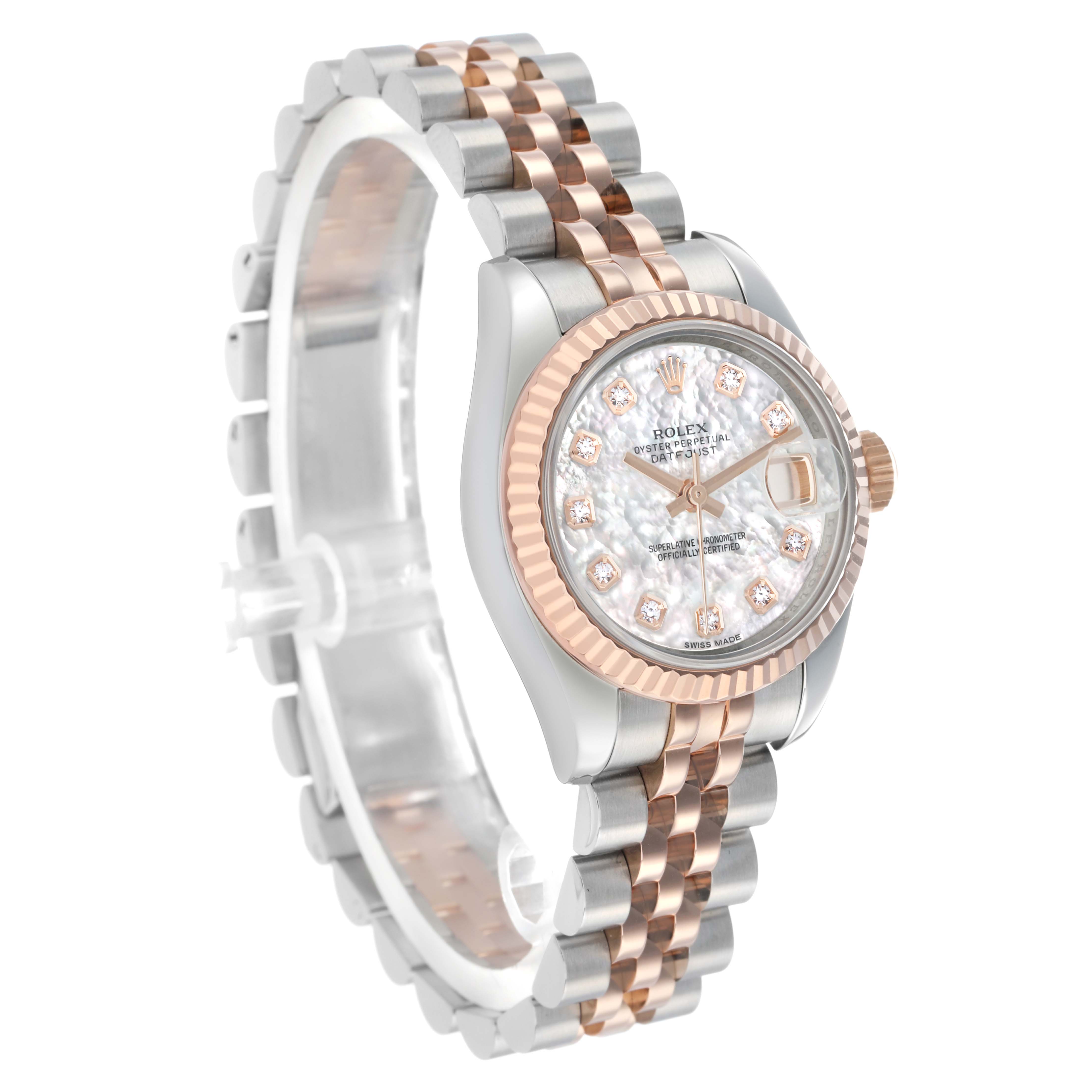The Rolex Datejust 179171 Women's Steel and Gold (two tone) Mother of Pearl Dial watch is shown at an angled view, highlighting its face, fluted bezel, and two-tone bracelet.