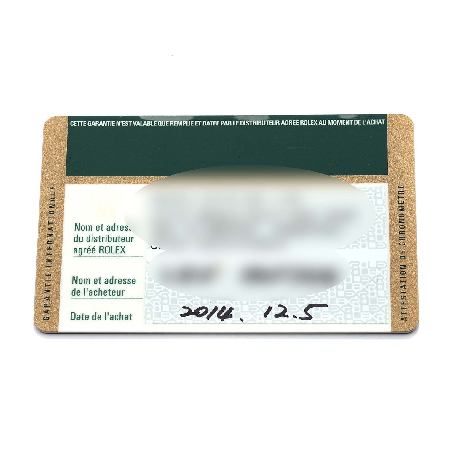 The image shows a Rolex Datejust 179171 Women's Steel and Gold (two tone) Mother of Pearl Dial warranty card from a top-down angle.