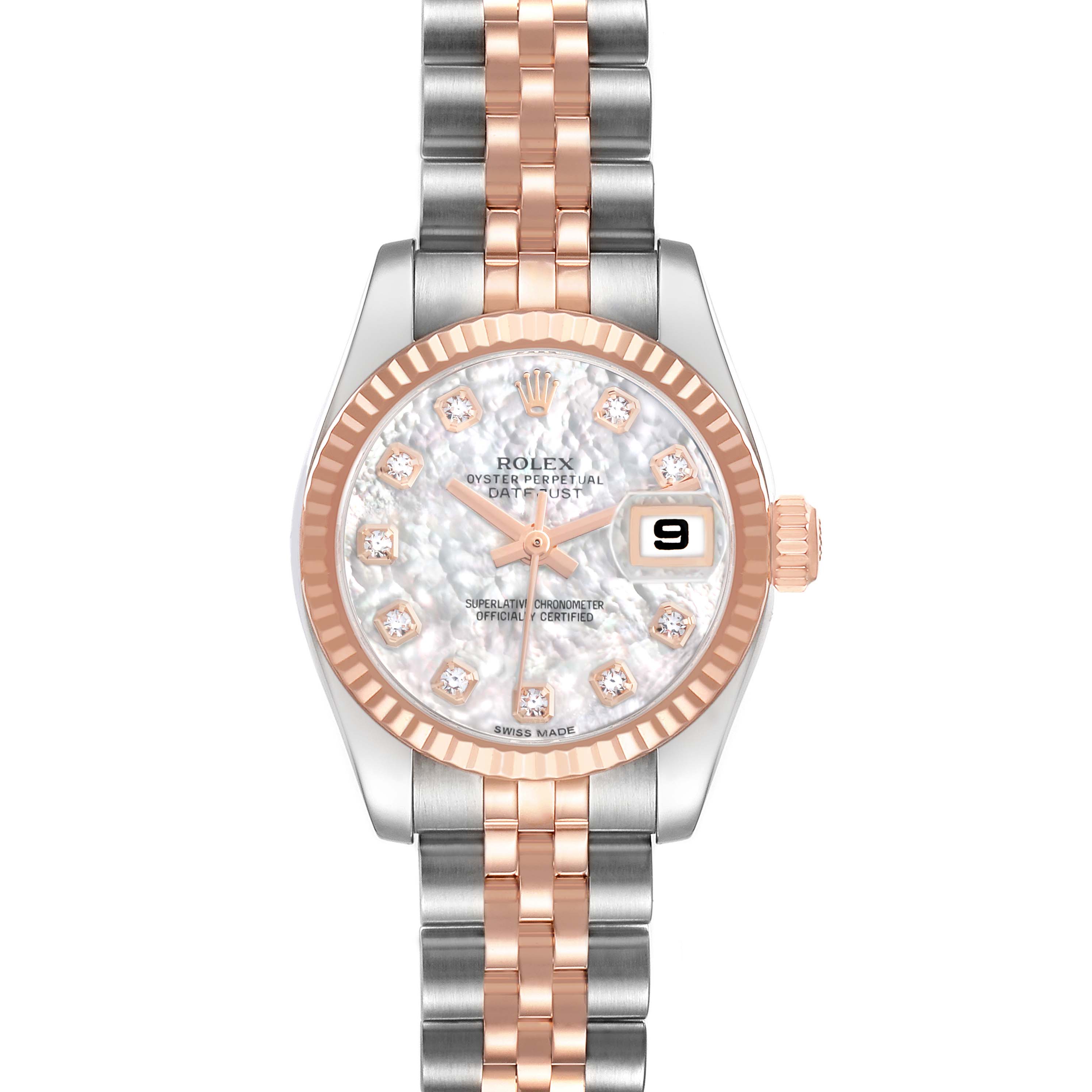 The Rolex Datejust 179171 Women's Steel and Gold (two tone) Mother of Pearl Dial watch is shown from a front view, highlighting the dial, bezel, and bracelet.