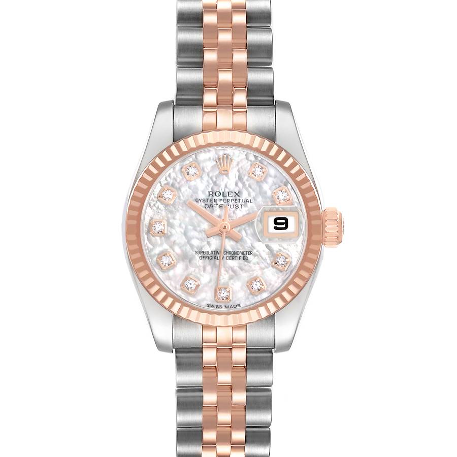 The Rolex Datejust 179171 Women's Steel and Gold (two tone) Mother of Pearl Dial watch is shown from a front view, highlighting the dial, bezel, and bracelet.