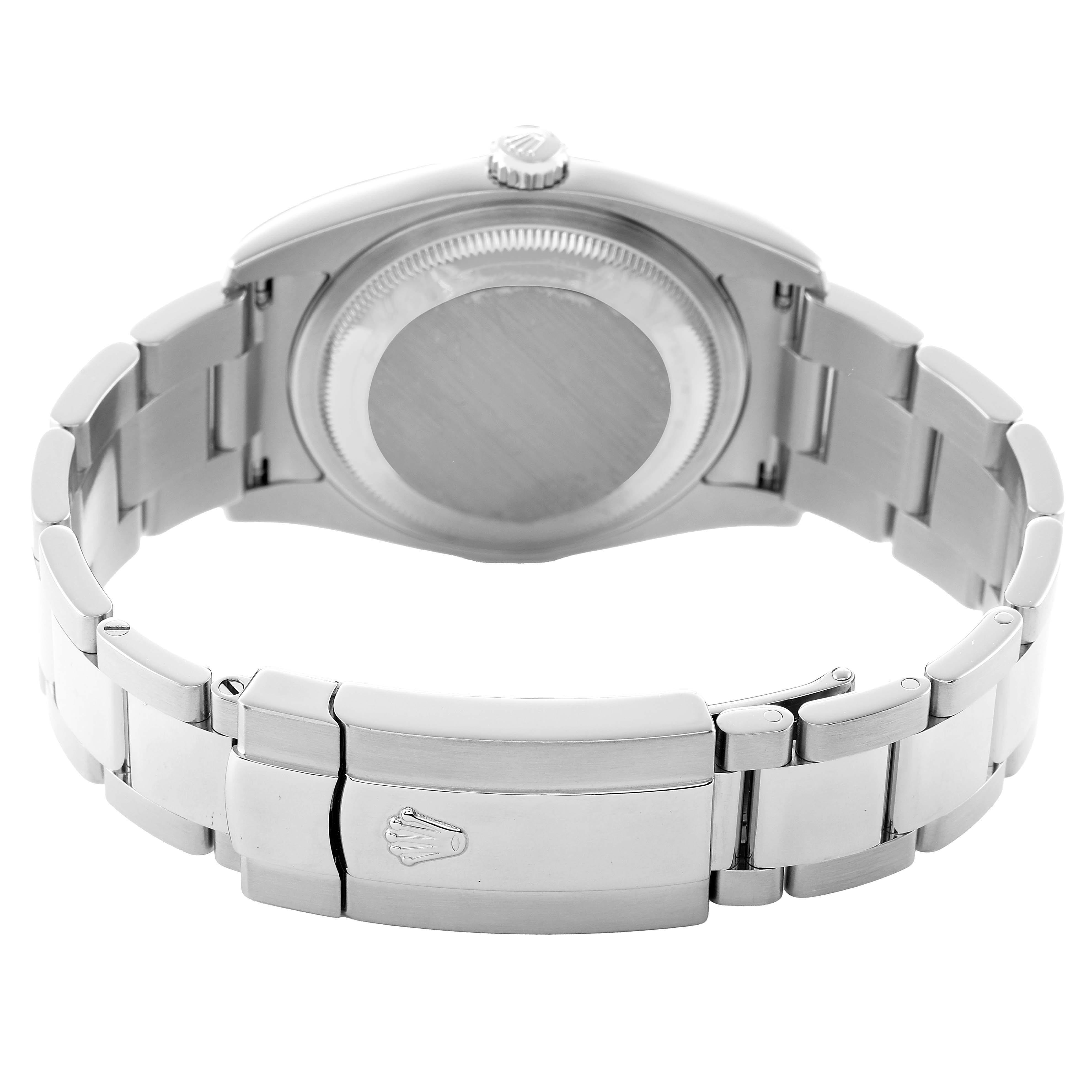 The image shows the back of a Rolex Datejust 116200 Men
s Stainless Steel White Dial watch, highlighting the bracelet and clasp with the Rolex logo.