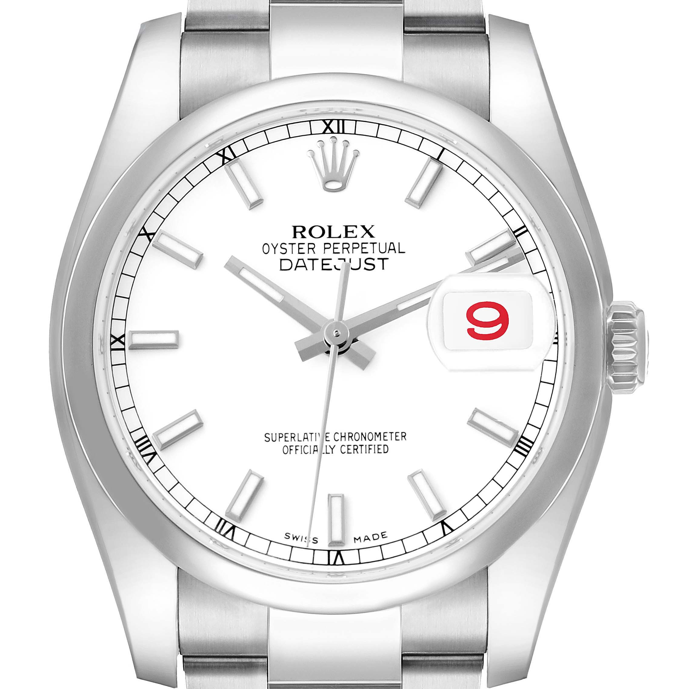 The Rolex Datejust 116200 Men
s Stainless Steel White Dial is shown from a front angle, displaying the dial, hands, date window, and part of the bracelet.