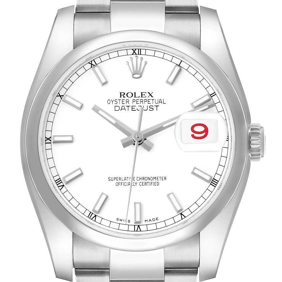 The Rolex Datejust 116200 Men
s Stainless Steel White Dial is shown from a front angle, displaying the dial, hands, date window, and part of the bracelet.