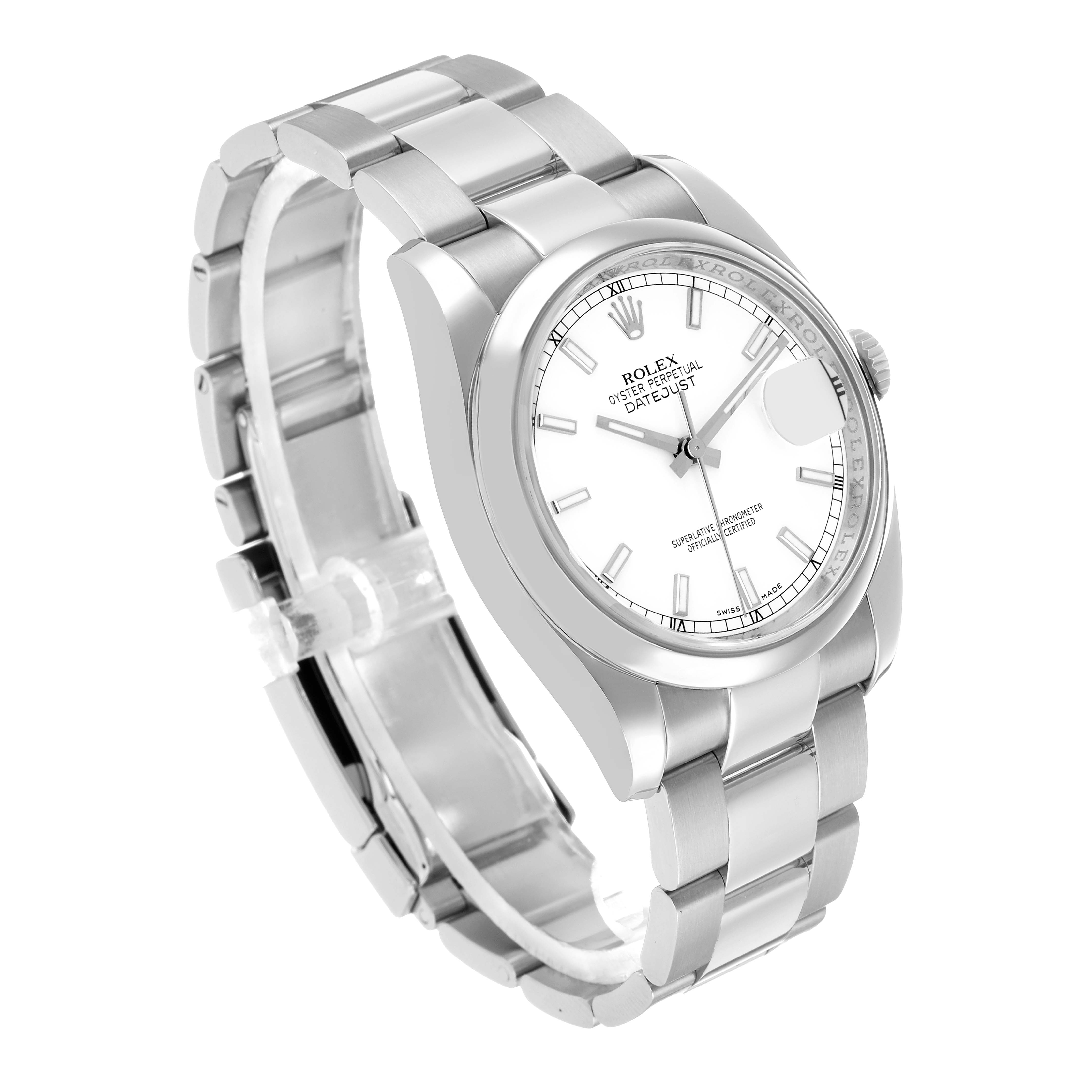 The Rolex Datejust 116200 Men
s Stainless Steel White Dial watch is shown at an angled view, displaying the case, bracelet, and dial clearly.