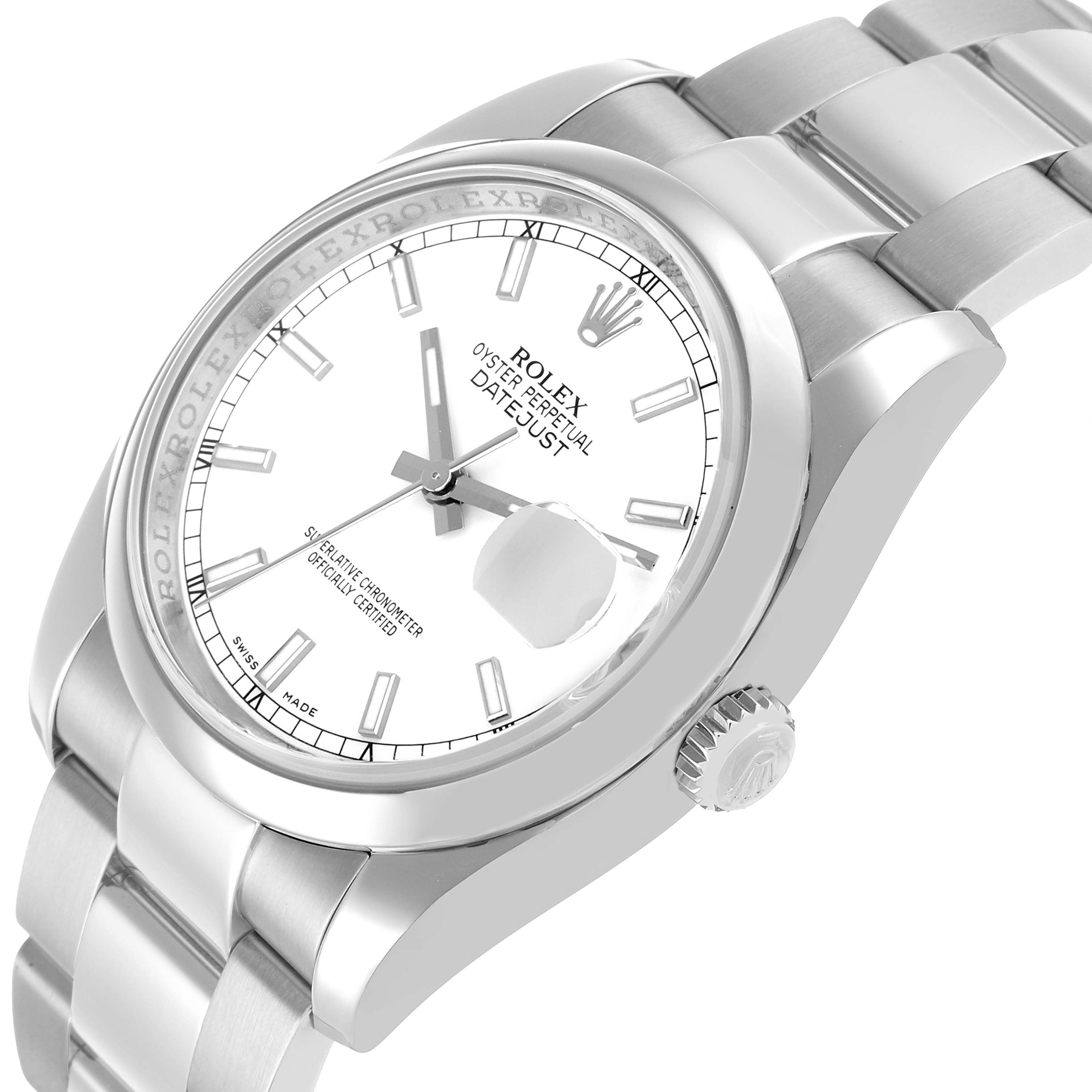 The Rolex Datejust 116200 Men
s Stainless Steel White Dial watch is shown at a slight side angle, highlighting the dial, bezel, bracelet, and crown.