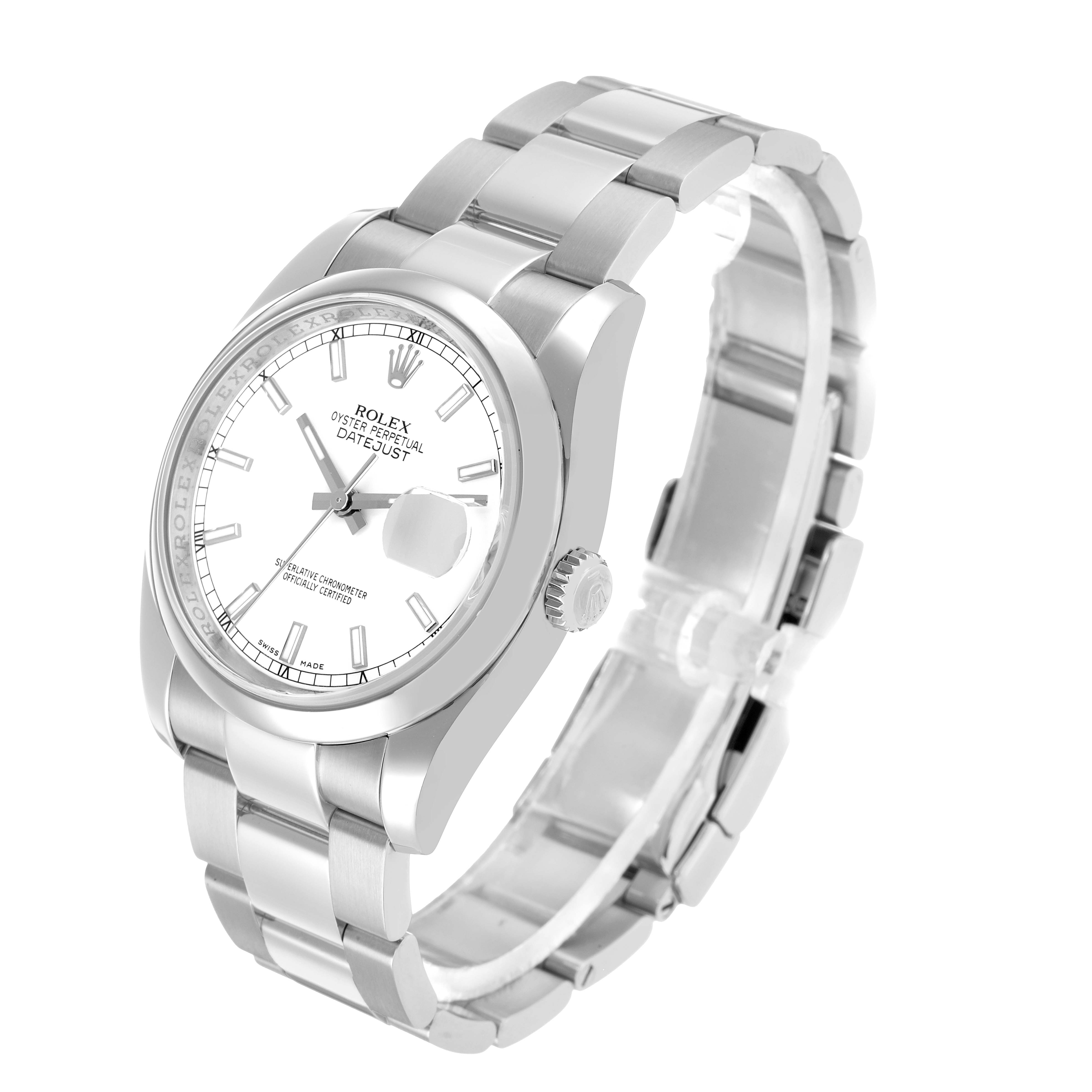 The Rolex Datejust 116200 Men
s Stainless Steel White Dial watch is shown at an angled side view, featuring the face, bezel, crown, and partial bracelet.
