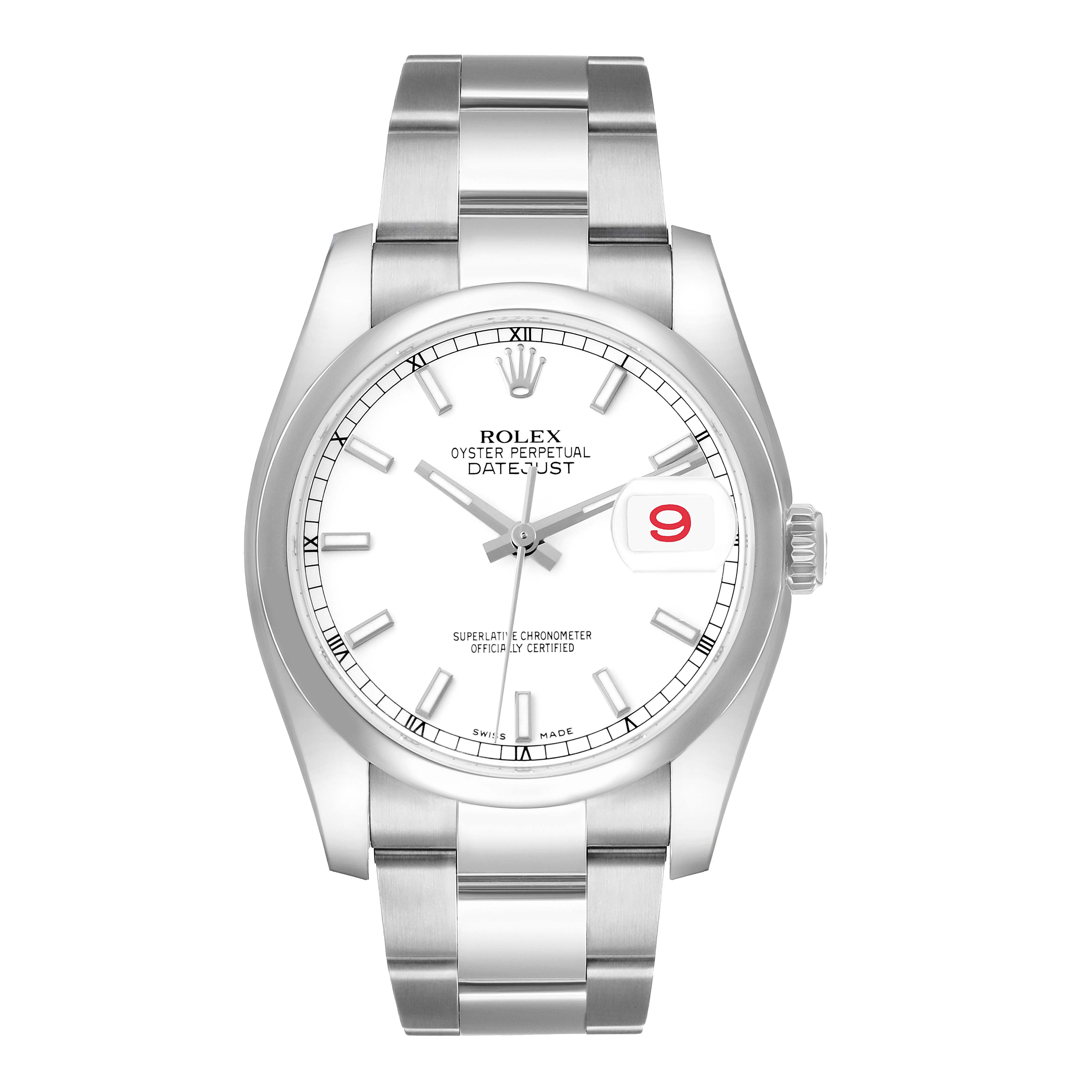 The Rolex Datejust 116200 Men
s Stainless Steel White Dial watch is shown from a front angle, highlighting the dial, bezel, and bracelet.