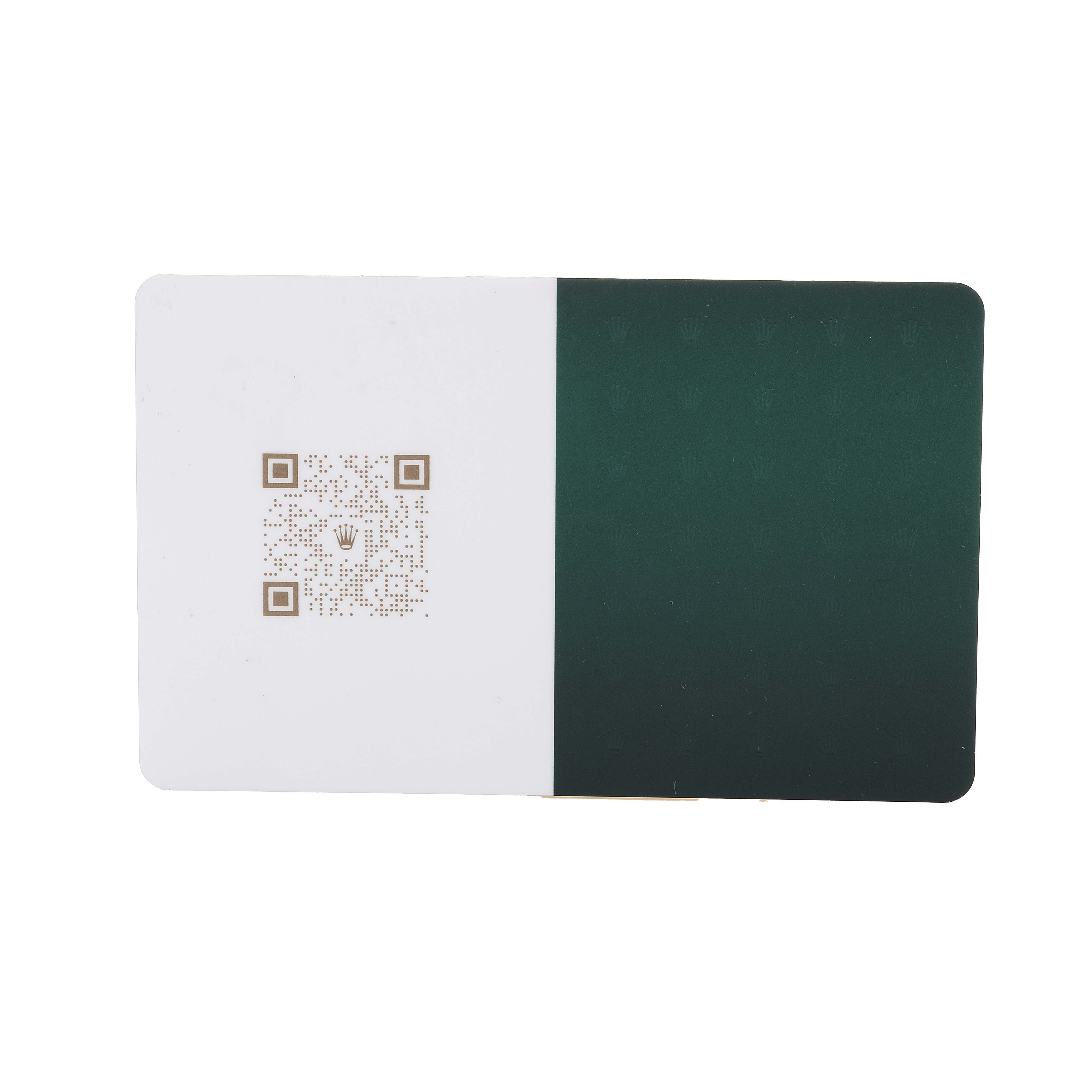 The image shows a warranty card for the Rolex Datejust 116200 Men
s Stainless Steel White Dial, featuring a white and green design with a QR code.