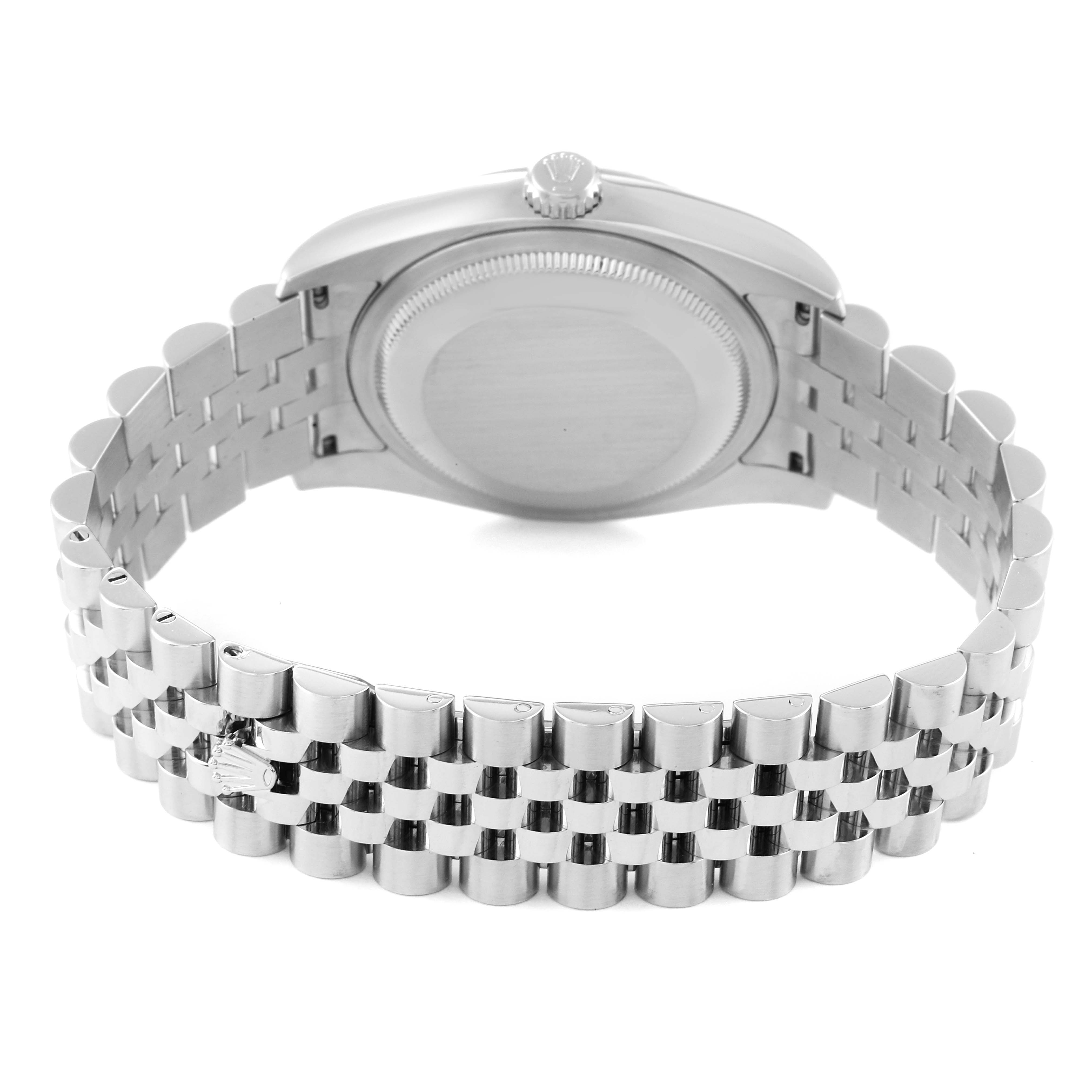 The image shows the back view of a Rolex Datejust 116234 Men's Stainless Steel Black Dial 116234 Men's Stainless Steel Black Dial watch, highlighting the bracelet and caseback.