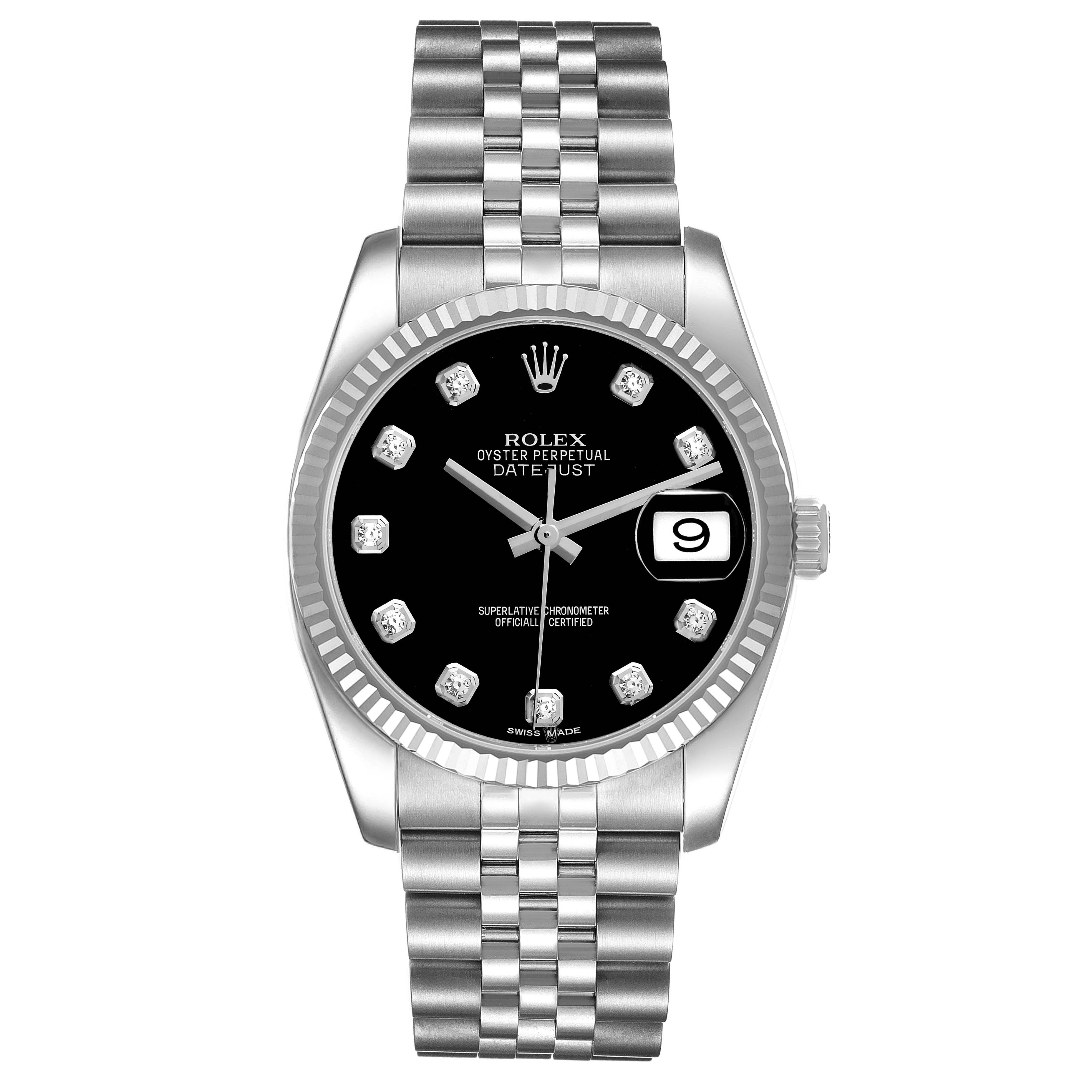 This Rolex Datejust 116234 Men's Stainless Steel Black Dial 116234 Men's Stainless Steel Black Dial watch is shown from a top-down angle, highlighting its face, bezel, and bracelet.