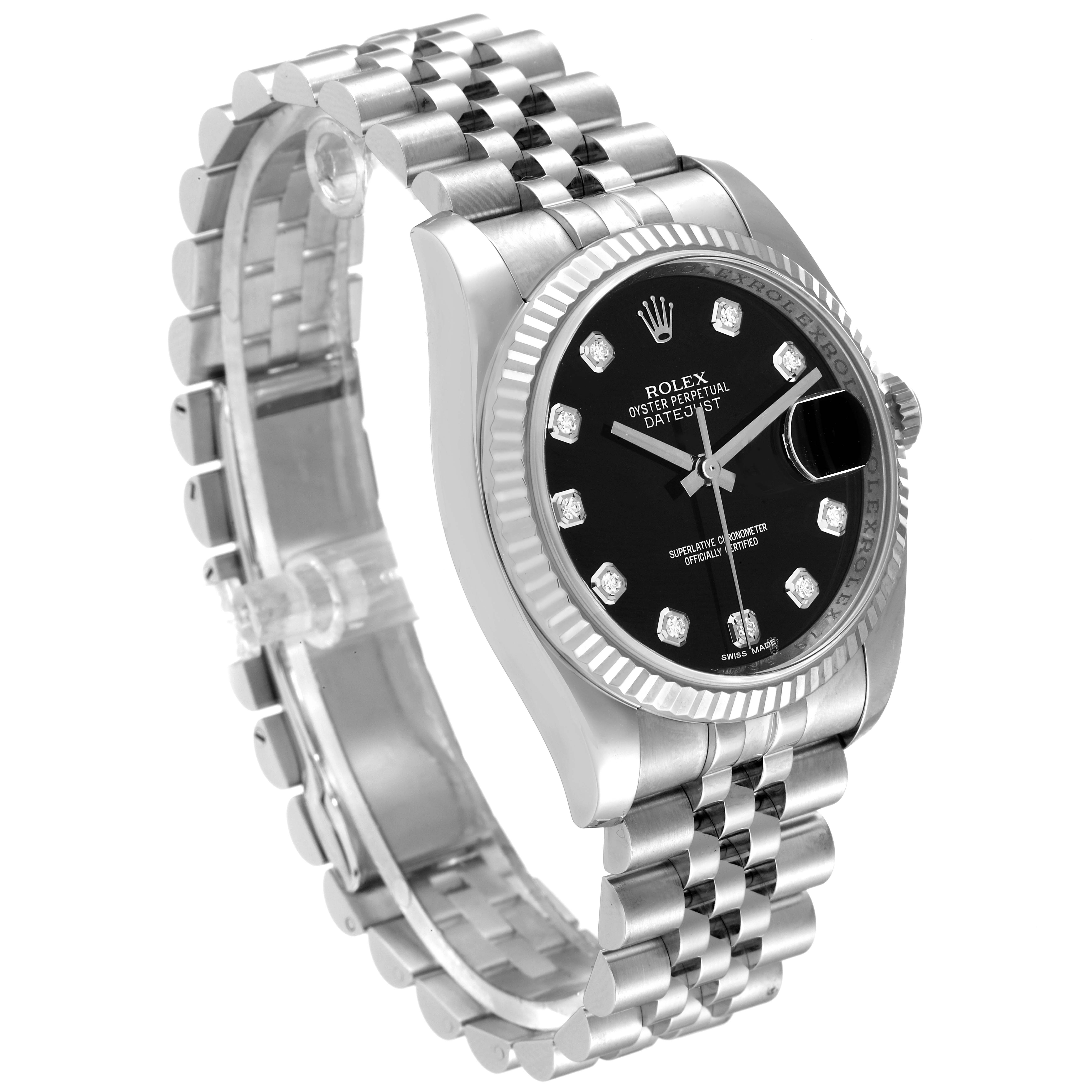 This Rolex Datejust 116234 Men's Stainless Steel Black Dial 116234 Men's Stainless Steel Black Dial model is shown at a 3/4 angle, displaying its black dial, diamond hour markers, fluted bezel, and Jubilee bracelet.