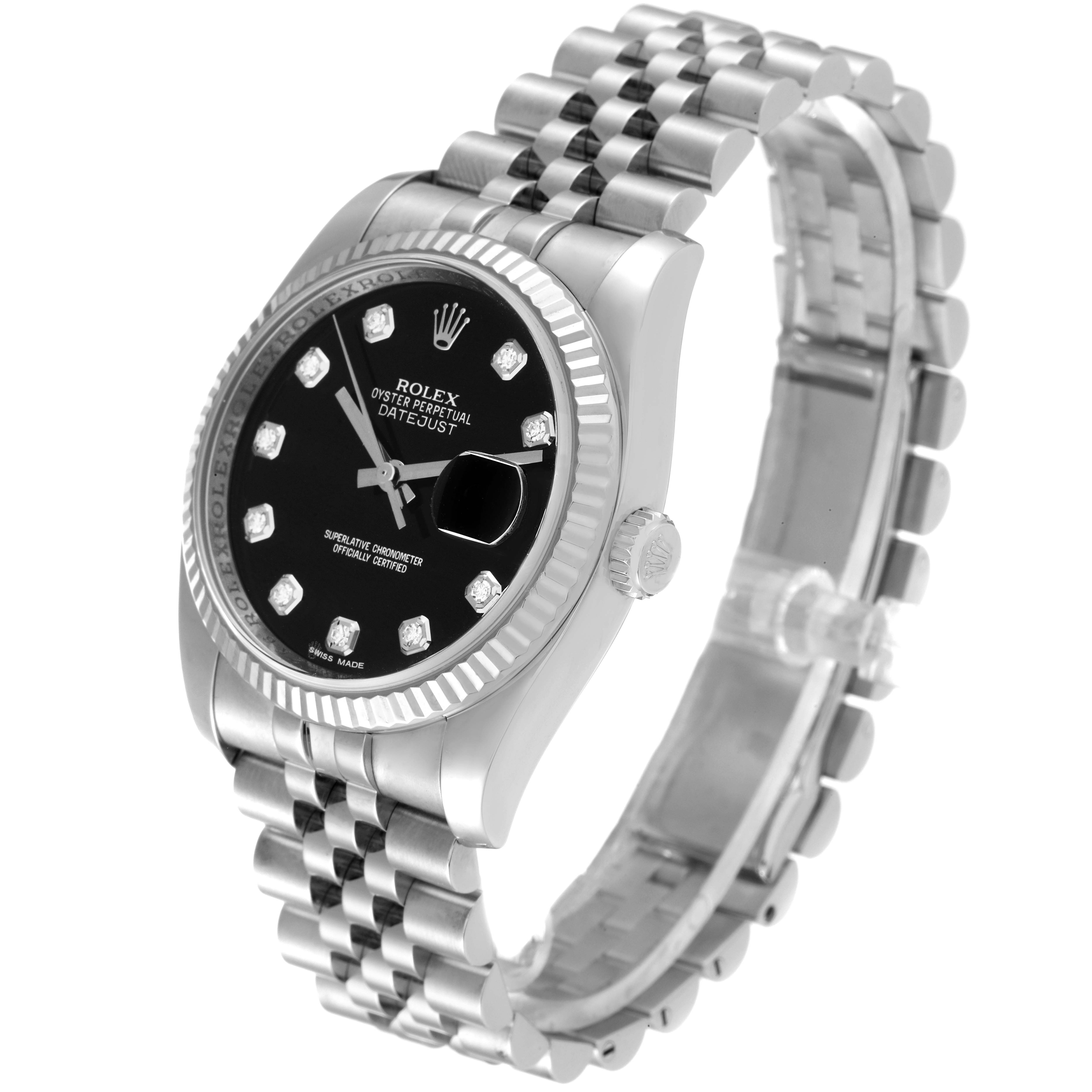 The image shows a Rolex Datejust 116234 Men's Stainless Steel Black Dial 116234 Men's Stainless Steel Black Dial watch at a three-quarter angle, highlighting the dial, bezel, and bracelet.