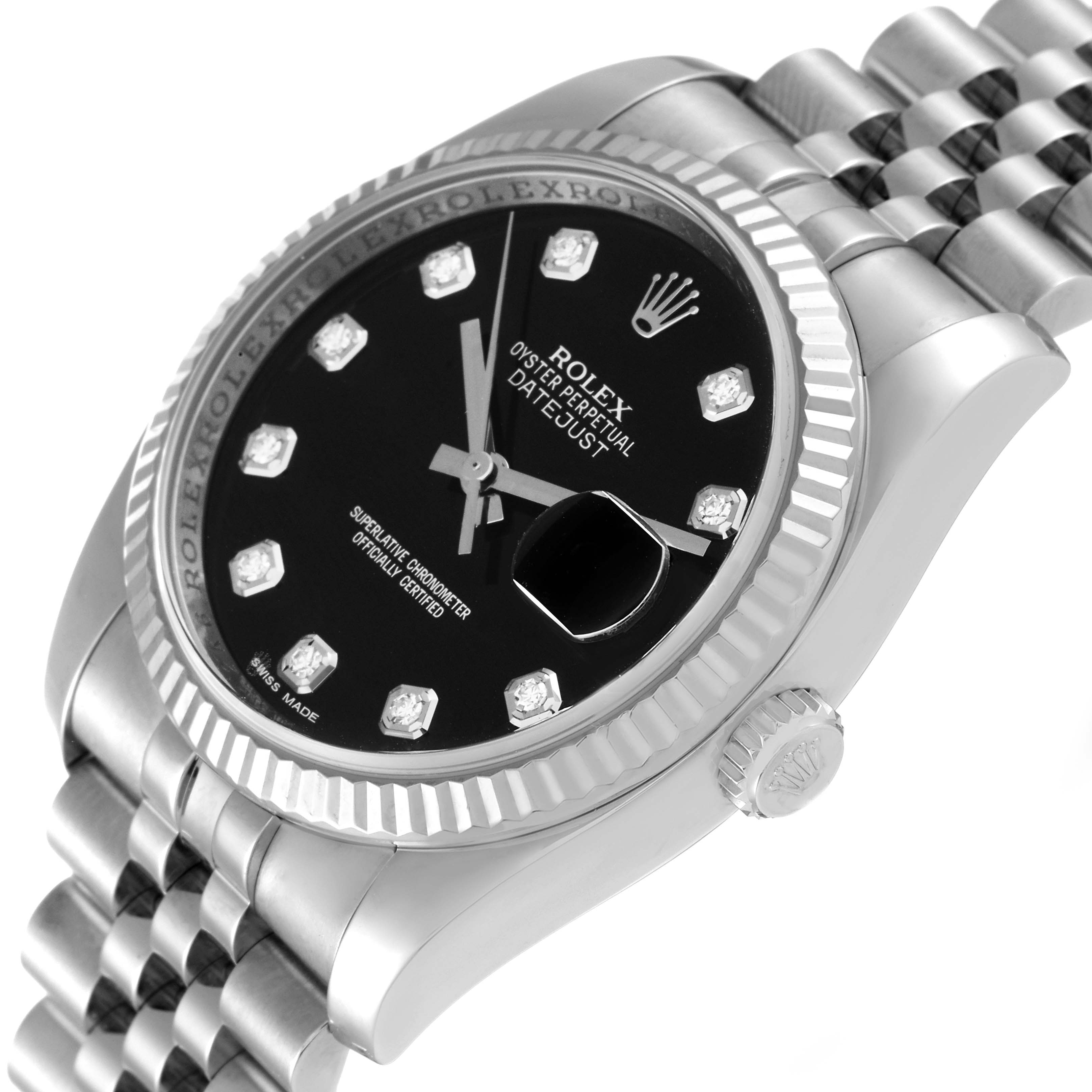 The image displays a side angle of the Rolex Datejust 116234 Men's Stainless Steel Black Dial 116234 Men's Stainless Steel Black Dial watch, showcasing the dial, bezel, and a portion of the bracelet.