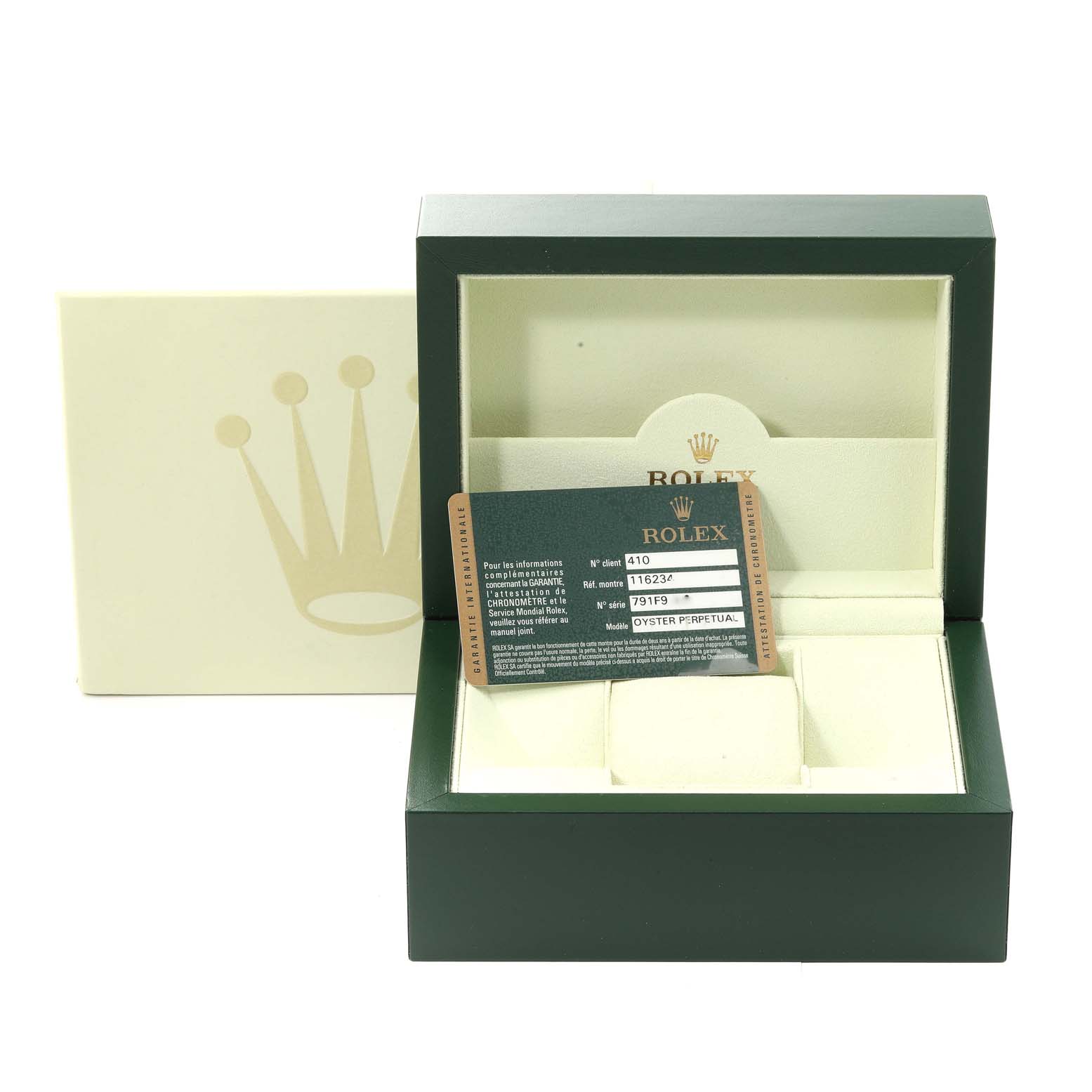 The image shows a Rolex Datejust 116234 Men's Stainless Steel Black Dial 116234 Men's Stainless Steel Black Dial watch box and authentication card from a frontal angle.