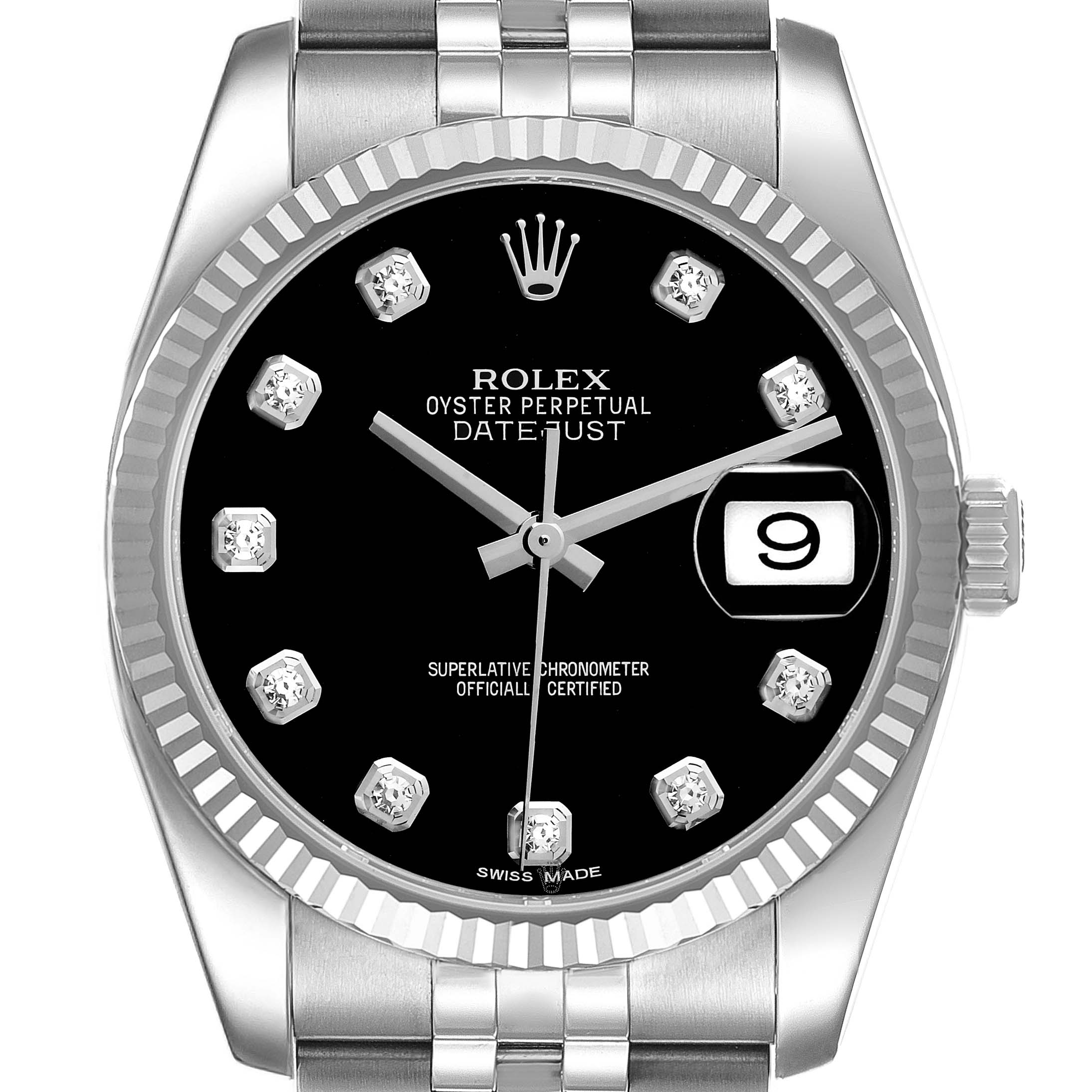 The image shows a front view of a Rolex Datejust 116234 Men's Stainless Steel Black Dial 116234 Men's Stainless Steel Black Dial watch featuring a black dial, diamond hour markers, and a date window at 3 o'clock.