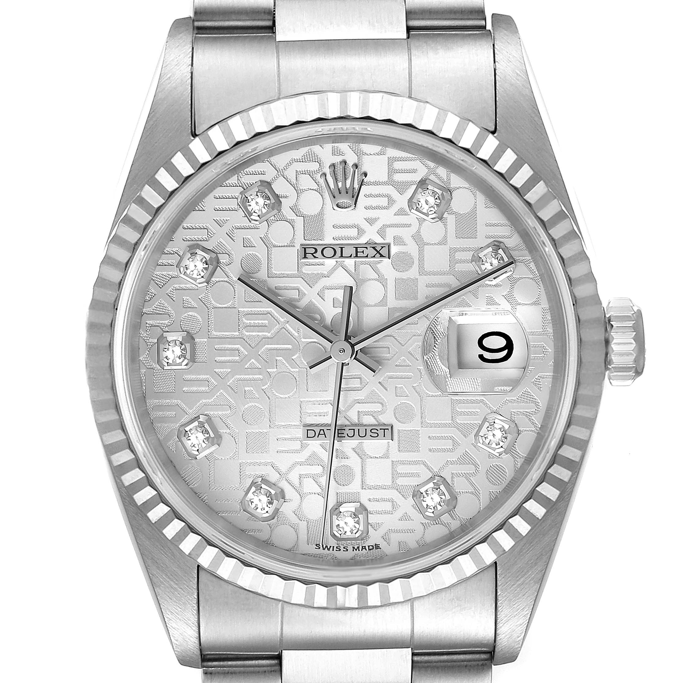 The image shows a front view of a Rolex Datejust 16234 Men's Stainless Steel Silver Dial 16234 Men's Stainless Steel Silver Dial watch, highlighting the dial, bezel, crown, and upper bracelet links.