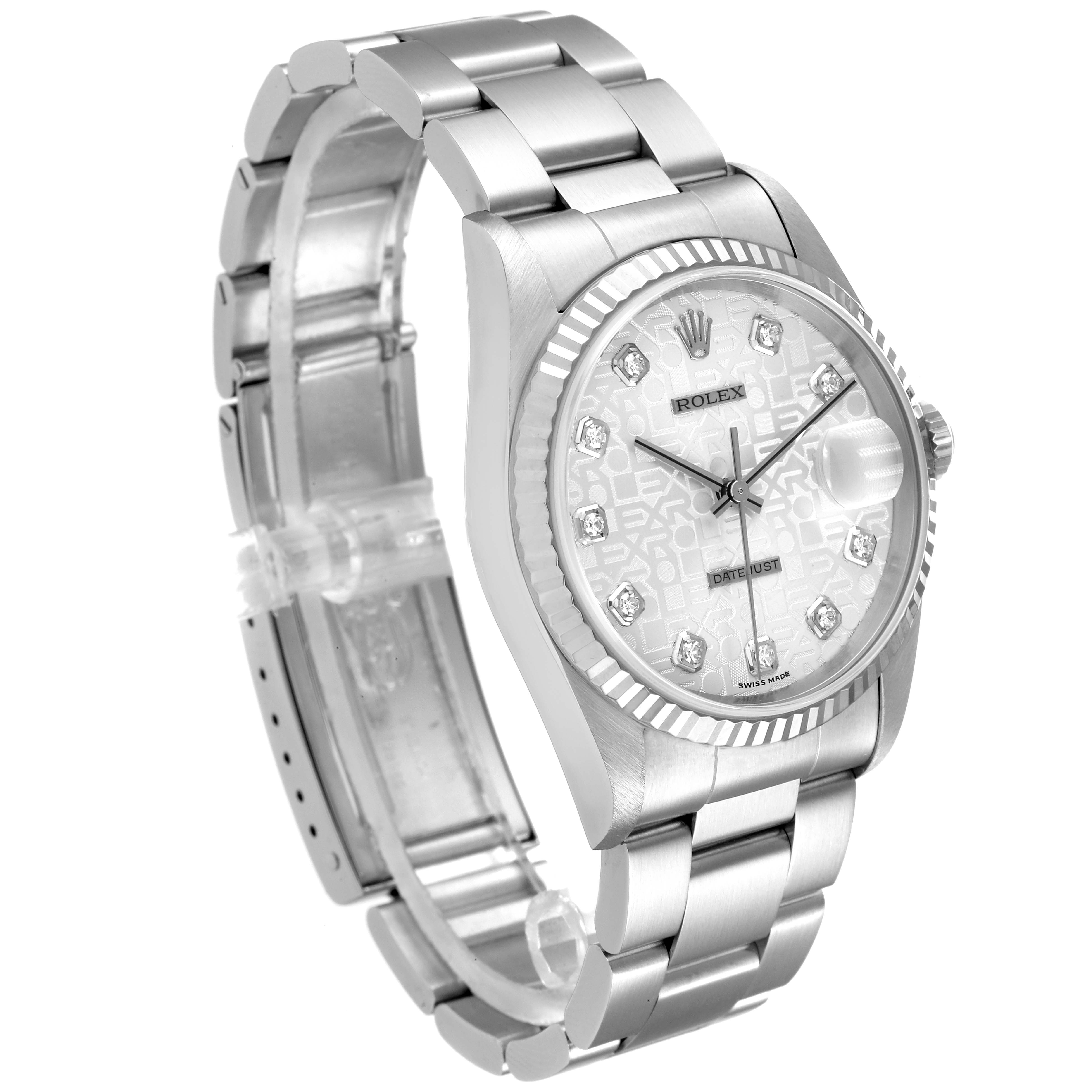 The image shows a Rolex Datejust 16234 Men's Stainless Steel Silver Dial 16234 Men's Stainless Steel Silver Dial watch from an angled front view, highlighting its bracelet, bezel, and face.