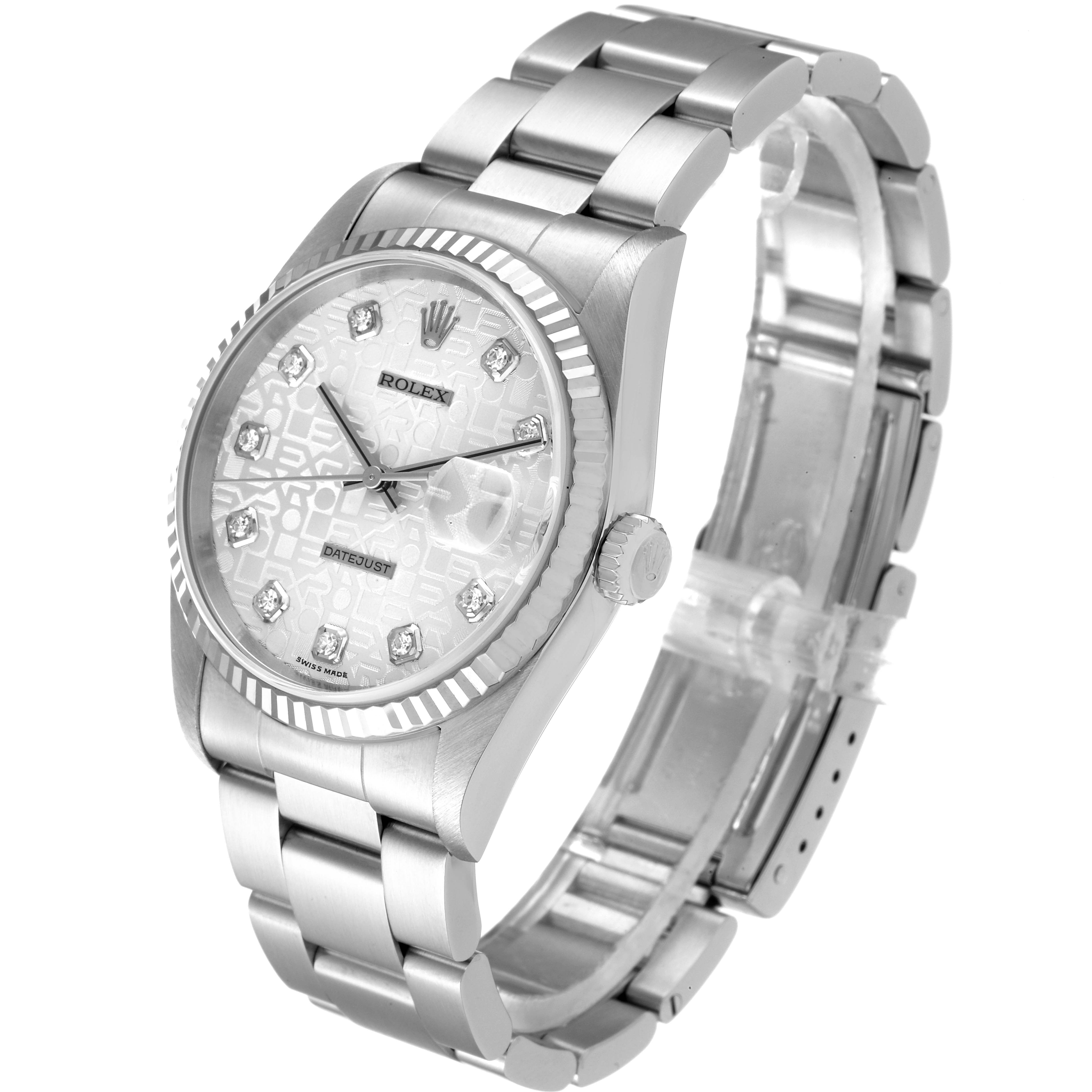The image shows a Rolex Datejust 16234 Men's Stainless Steel Silver Dial 16234 Men's Stainless Steel Silver Dial watch at a three-quarter angle, highlighting the watch face, bezel, crown, and part of the bracelet.