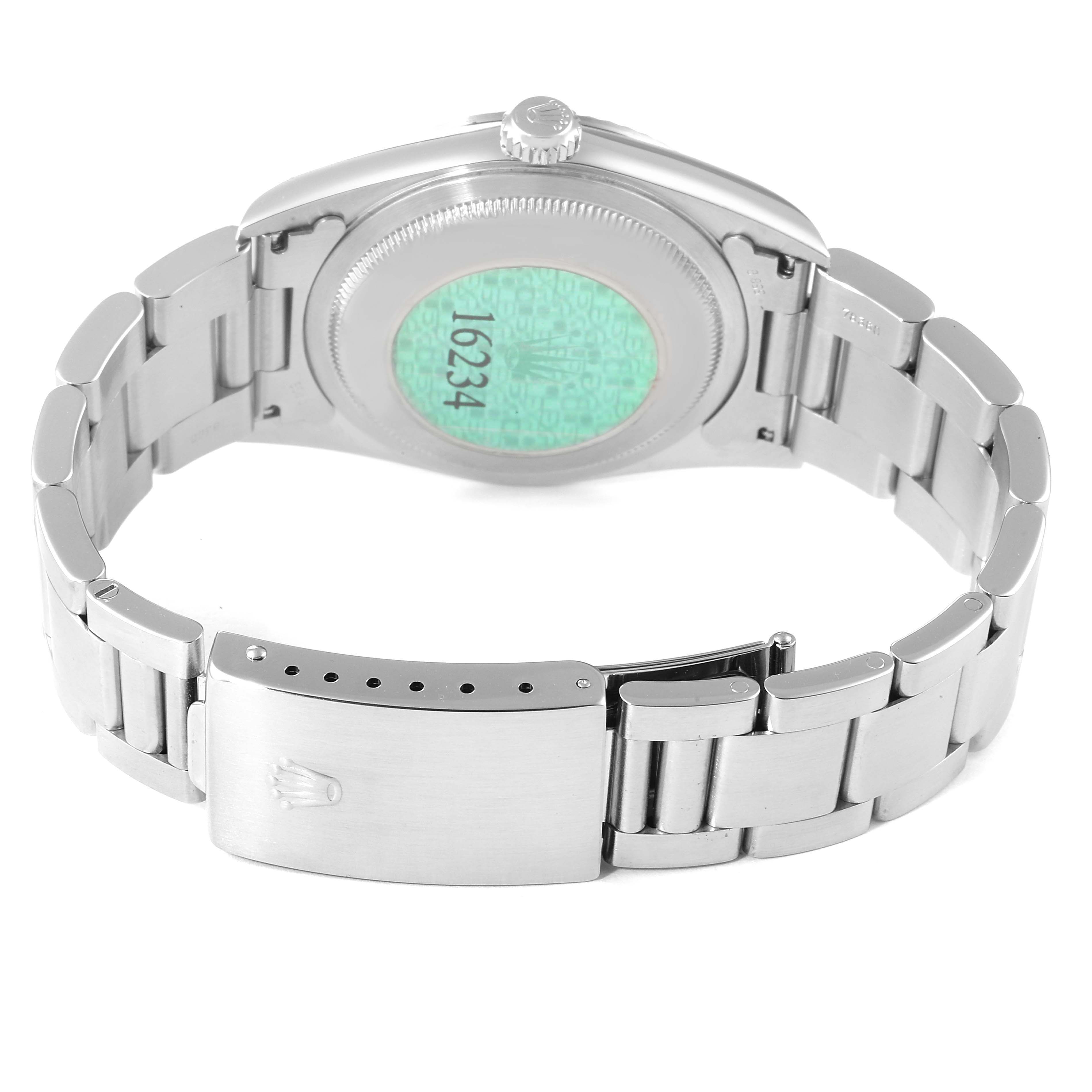 The image shows the back and bracelet of a Rolex Datejust 16234 Men's Stainless Steel Silver Dial 16234 Men's Stainless Steel Silver Dial watch, highlighting its clasp and case back.