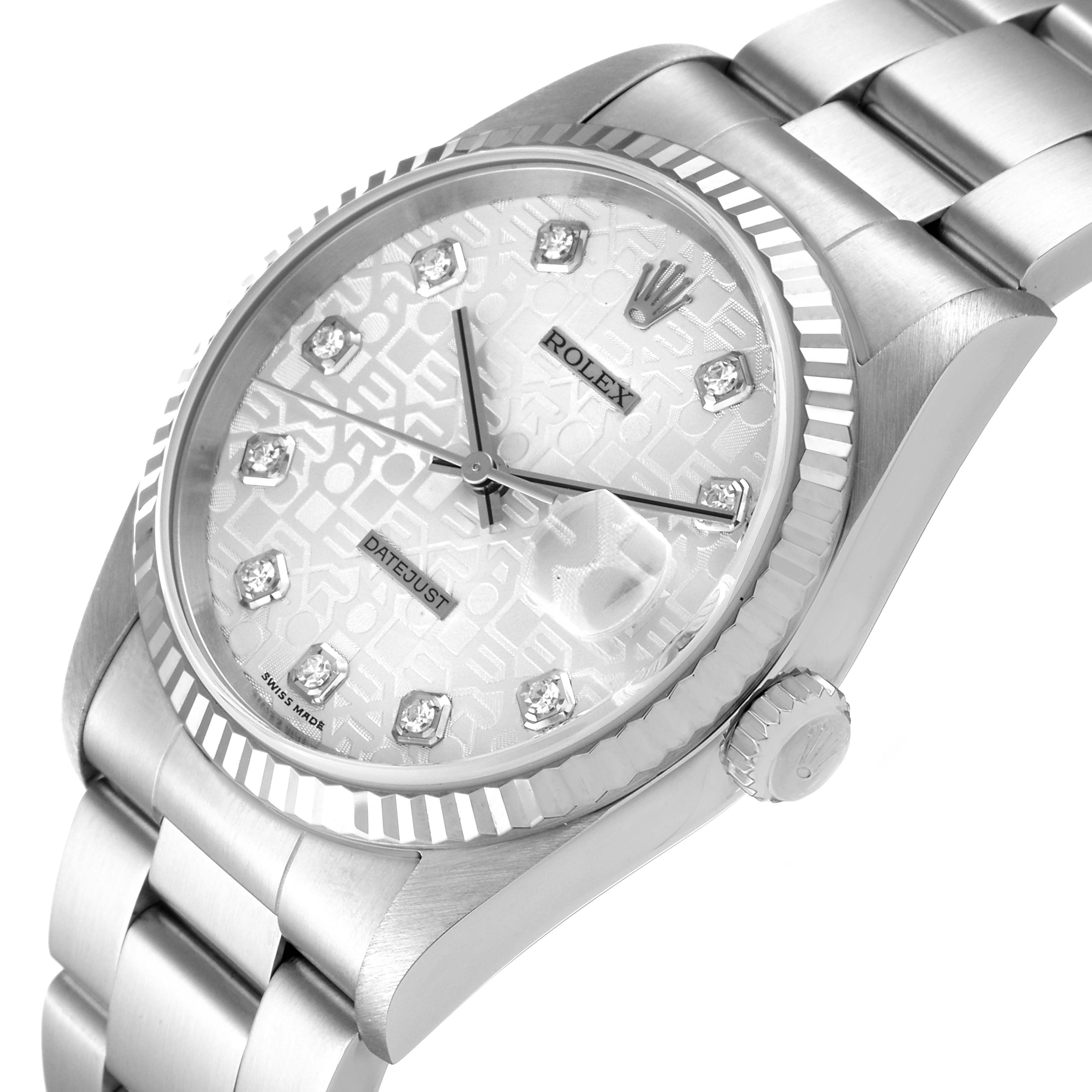 The image displays a Rolex Datejust 16234 Men's Stainless Steel Silver Dial 16234 Men's Stainless Steel Silver Dial watch at an angle, showing its face, bezel, dial, crown, and a portion of the bracelet.