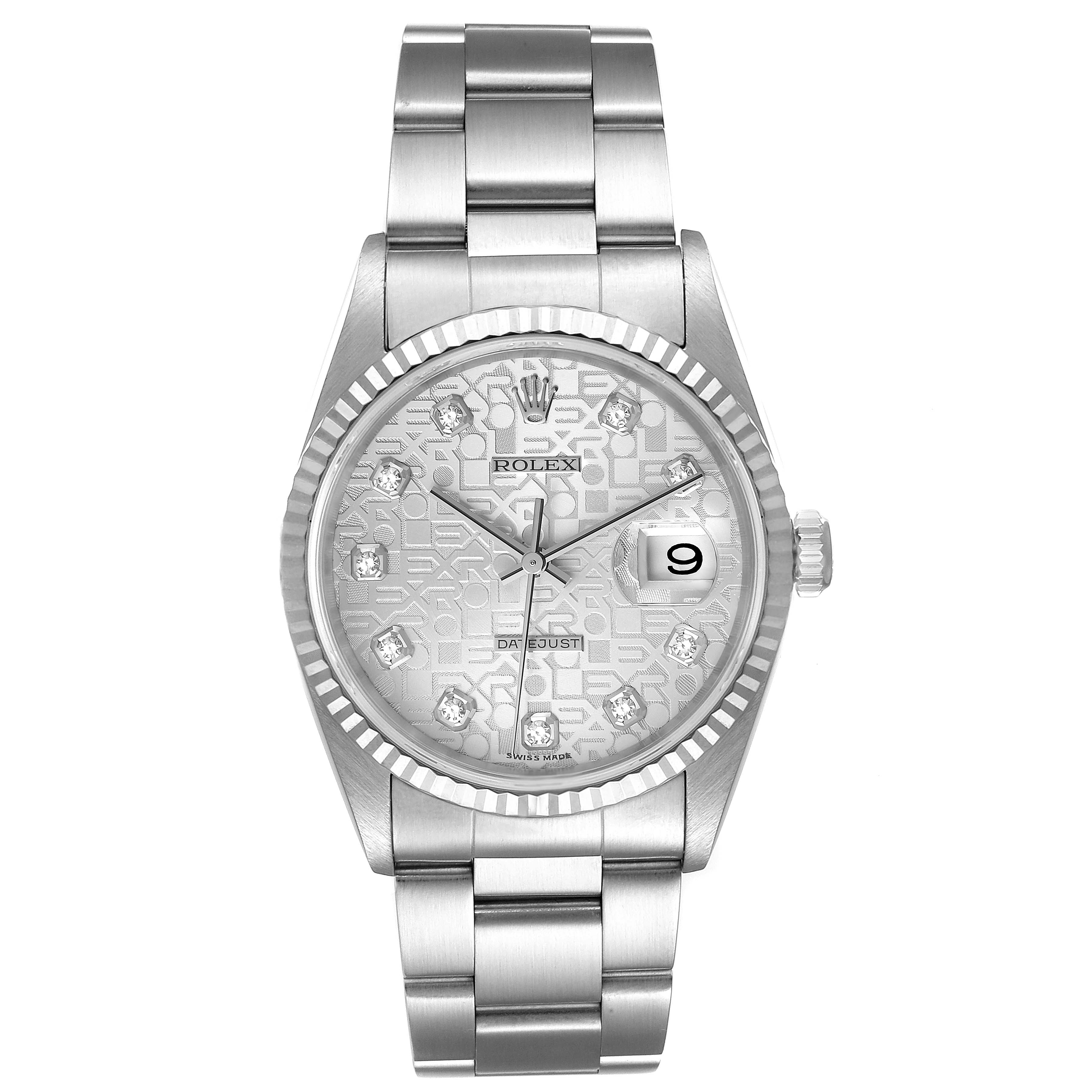 This image shows a frontal view of a Rolex Datejust 16234 Men's Stainless Steel Silver Dial 16234 Men's Stainless Steel Silver Dial watch featuring its dial, bezel, and bracelet.