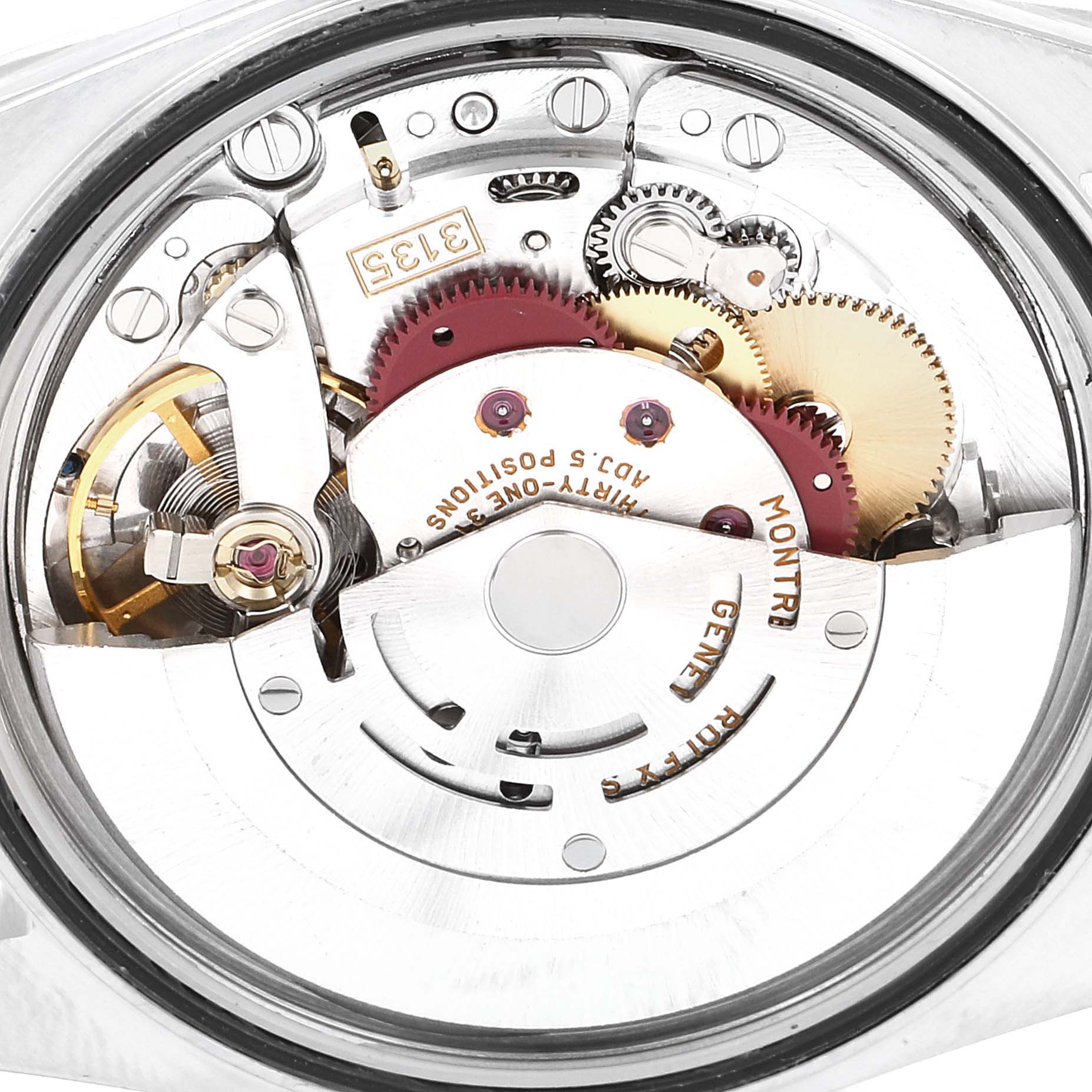 The image shows a close-up view of the internal mechanism of a Rolex Datejust 16234 Men's Stainless Steel Silver Dial 16234 Men's Stainless Steel Silver Dial watch, highlighting gears and components.