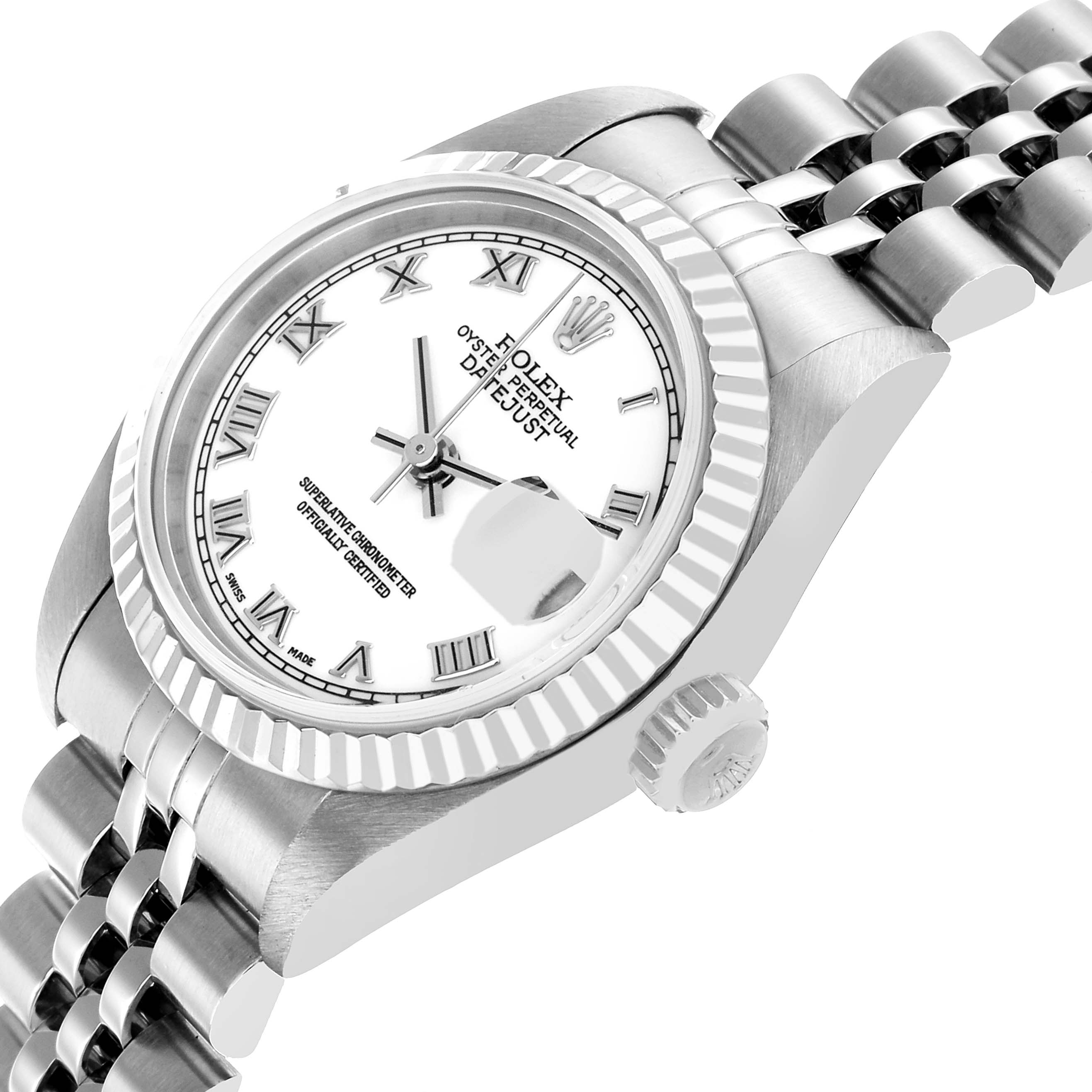 The Rolex Datejust 79174 Women's Stainless Steel White Dial is shown at an angle highlighting the dial, bezel, crown, and part of the Jubilee bracelet.