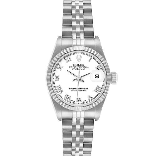 The Rolex Datejust 79174 Women
s Stainless Steel White Dial watch is shown from a front angle, displaying the dial, bezel, bracelet, and winding crown.