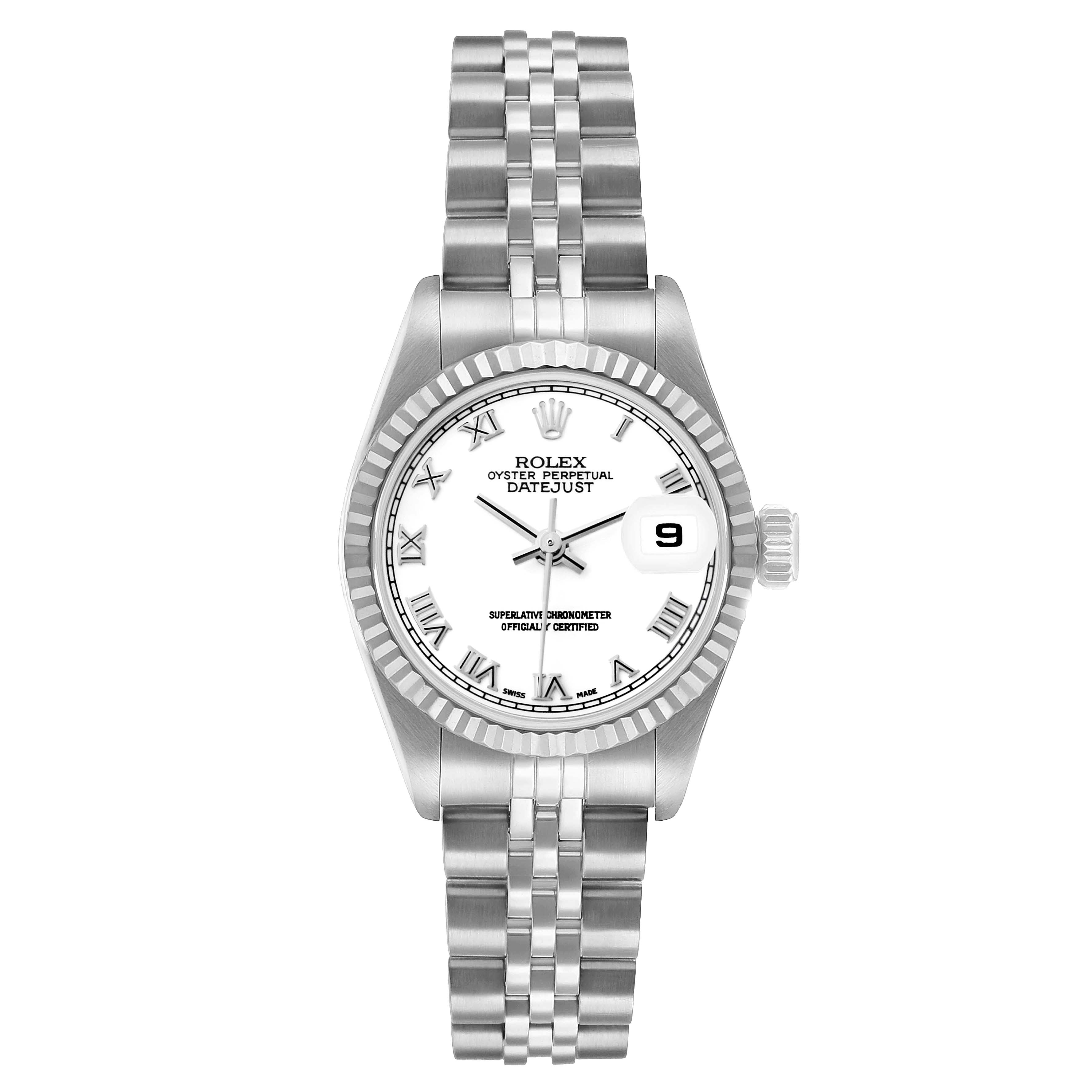 The Rolex Datejust 79174 Women's Stainless Steel White Dial watch is shown from a top view, highlighting the face, bezel, bracelet, and cyclops date window.