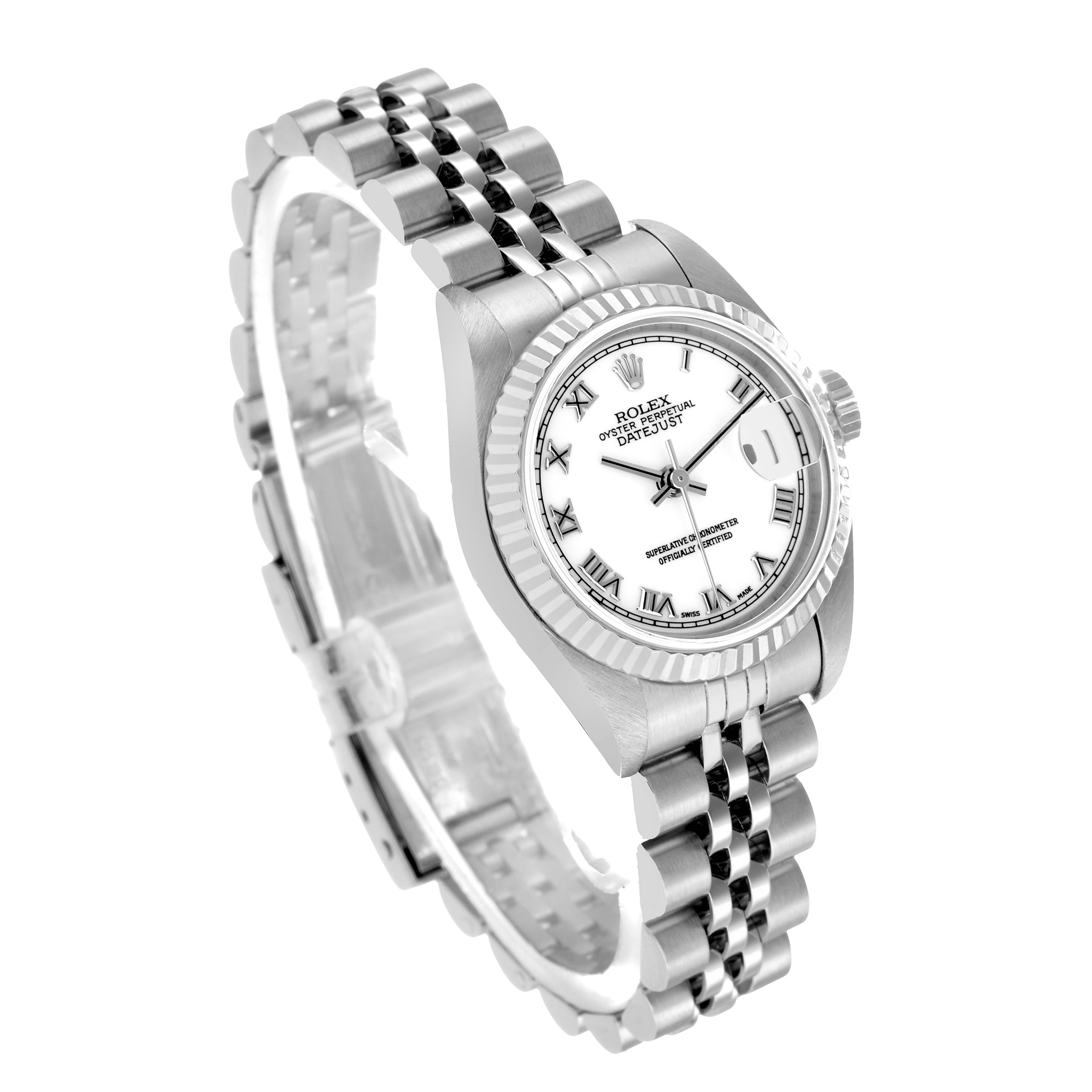 The Rolex Datejust 79174 Women's Stainless Steel White Dial watch is shown at an oblique angle, highlighting its dial, fluted bezel, and Jubilee bracelet.