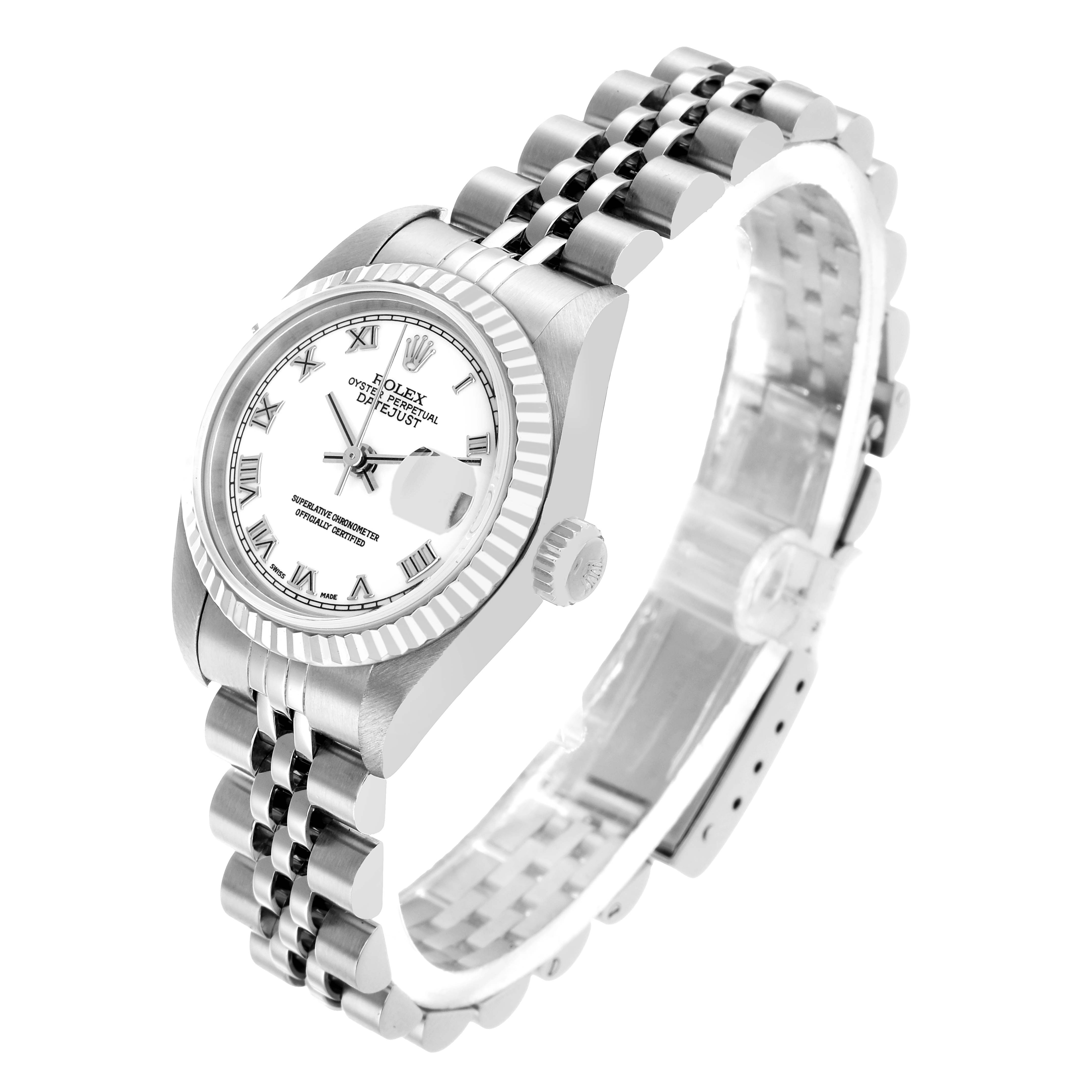 The Rolex Datejust 79174 Women's Stainless Steel White Dial watch is shown in a three-quarter view, highlighting the face, bezel, crown, and Jubilee bracelet.