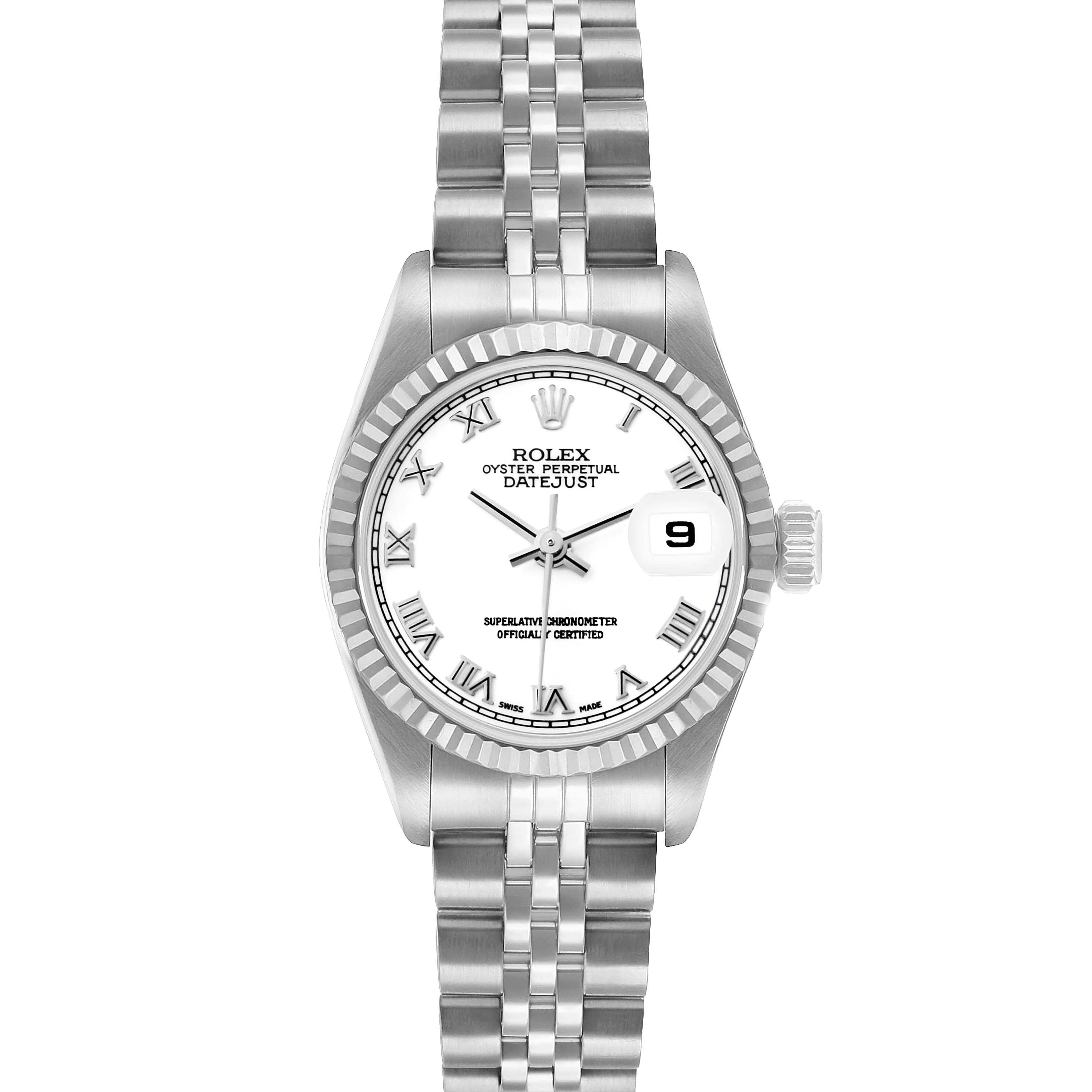 The Rolex Datejust 79174 Women's Stainless Steel White Dial watch is shown from a front angle, highlighting the dial, bezel, and part of the bracelet.
