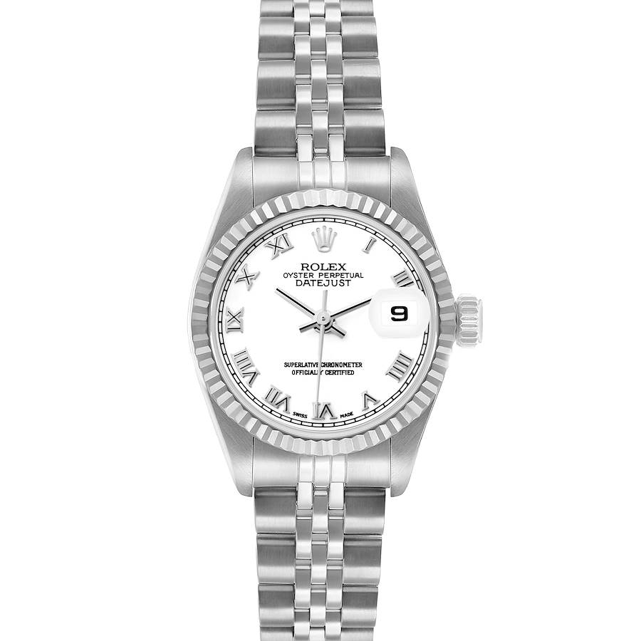 The Rolex Datejust 79174 Women's Stainless Steel White Dial watch is shown from a front angle, highlighting the dial, bezel, and part of the bracelet.