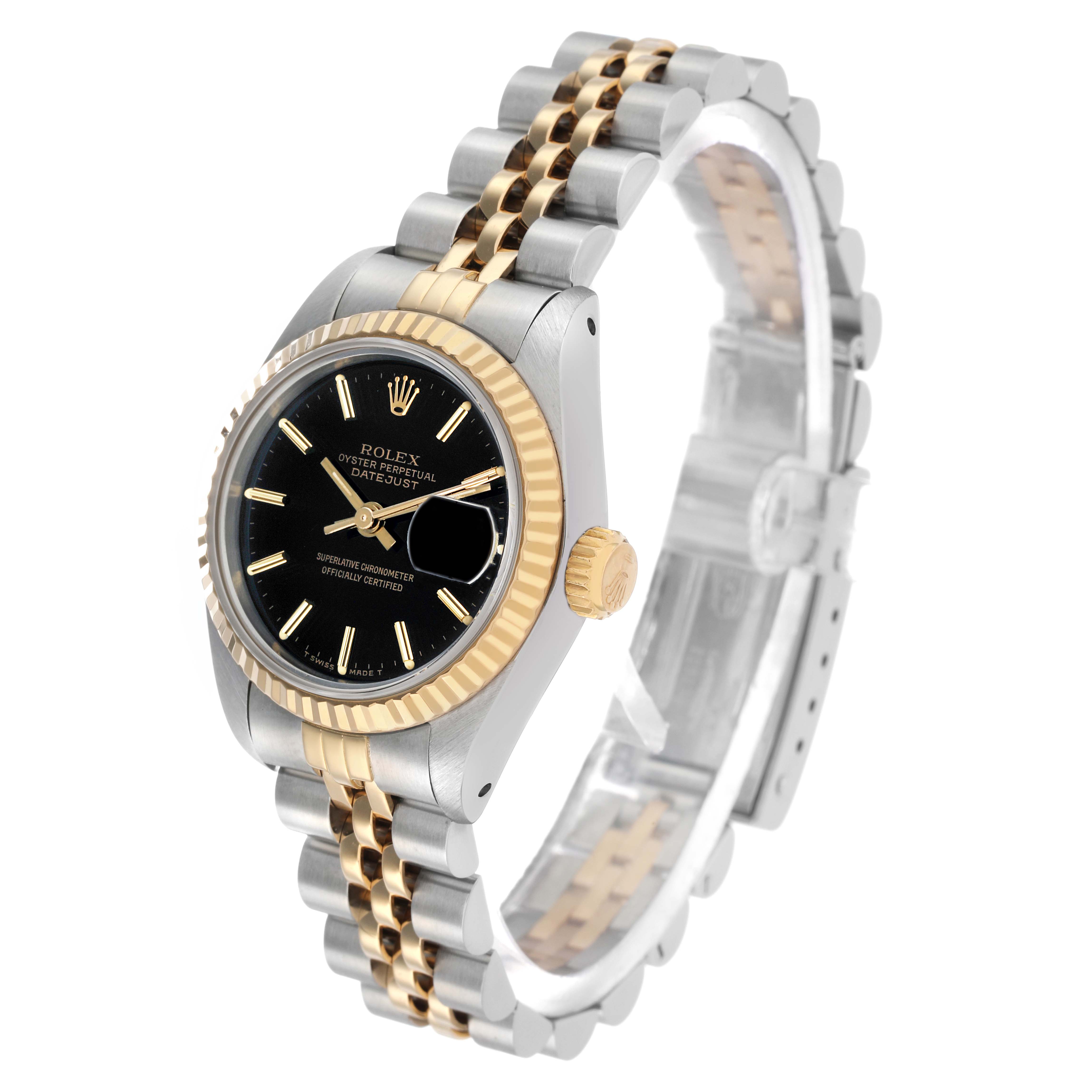 The Rolex Datejust 69173 Women's Steel and Gold (two tone) Black Dial is shown at a slight angle displaying the black dial, fluted bezel, gold crown, and two-tone Jubilee bracelet.
