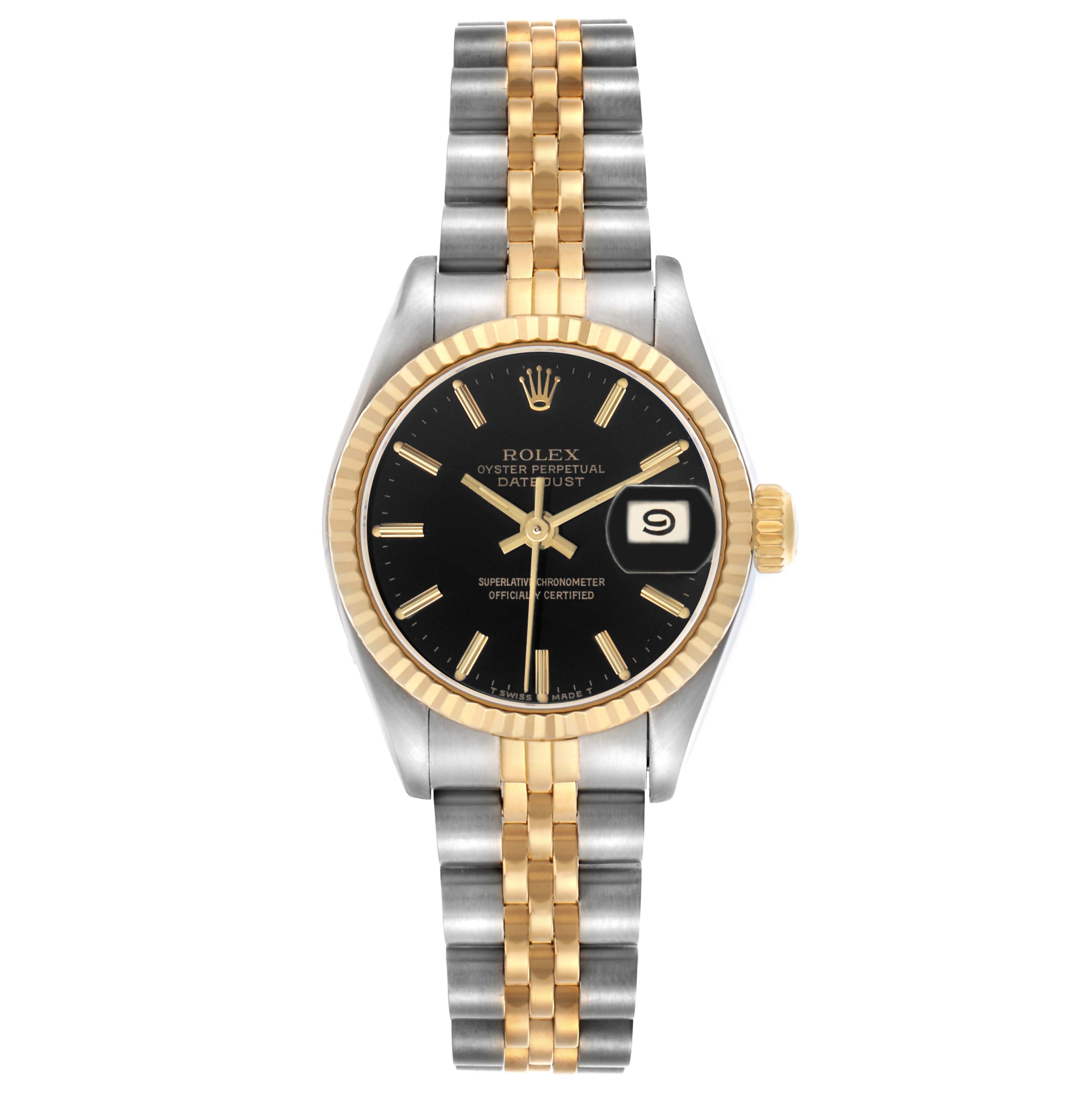 The Rolex Datejust 69173 Women's Steel and Gold (two tone) Black Dial watch is shown from the front, displaying the dial, hands, bezel, bracelet, and date window.
