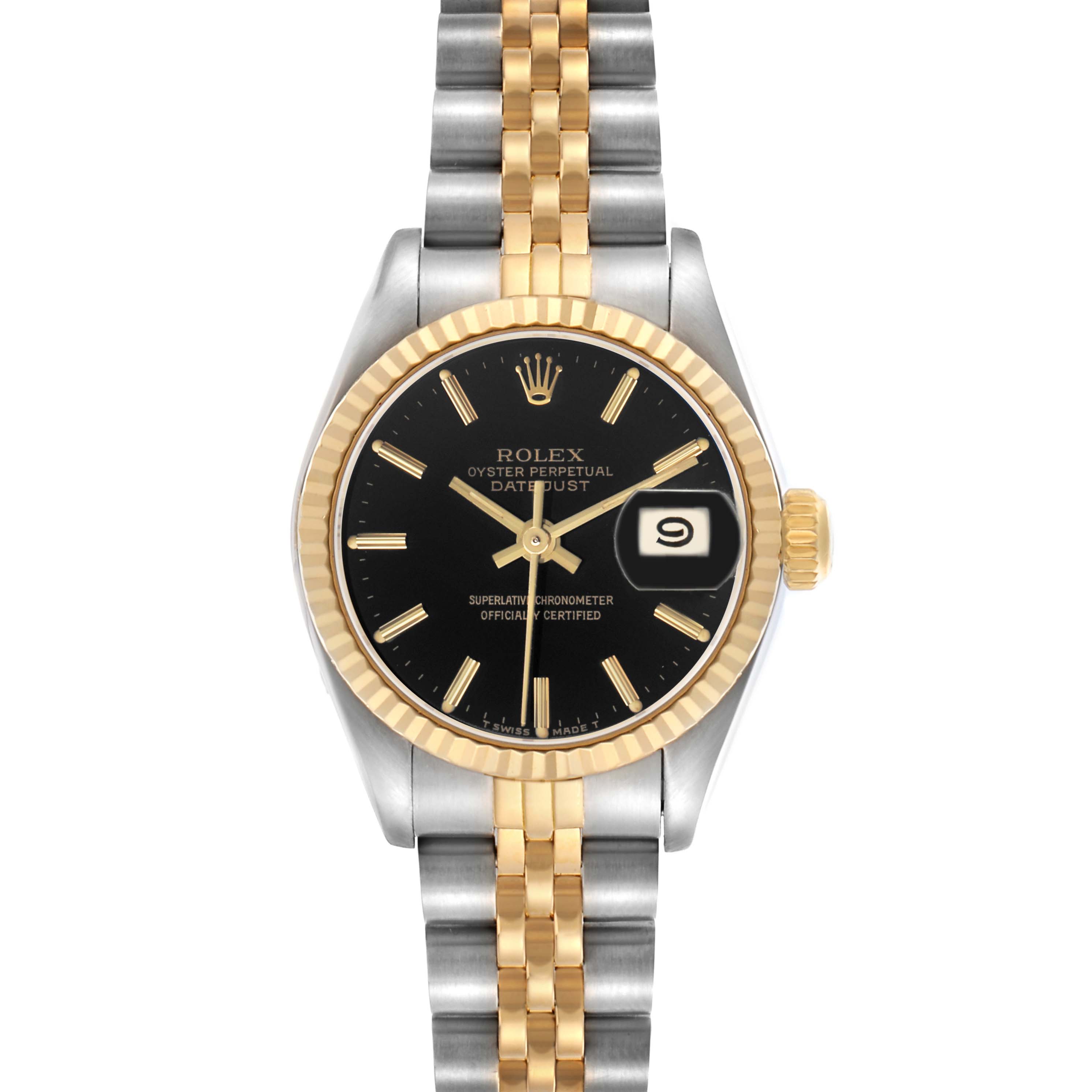 The Rolex Datejust 69173 Women's Steel and Gold (two tone) Black Dial watch is shown from a top view, featuring the dial, bezel, and jubilee bracelet.