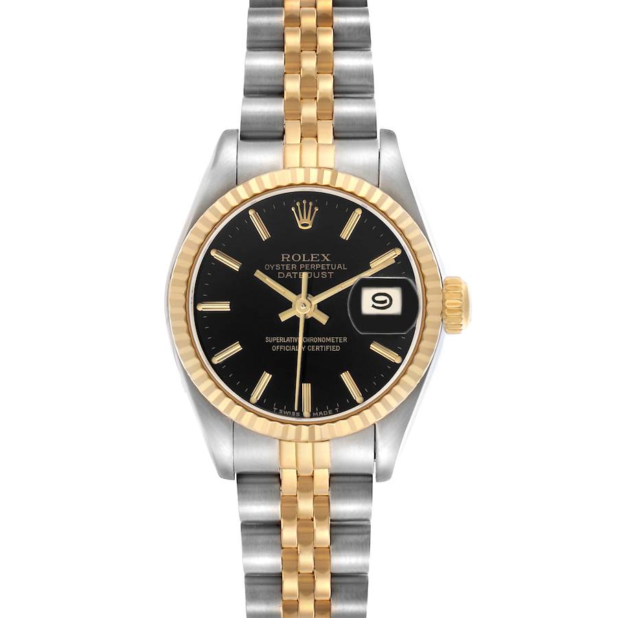 The Rolex Datejust 69173 Women's Steel and Gold (two tone) Black Dial watch is shown from a top view, featuring the dial, bezel, and jubilee bracelet.
