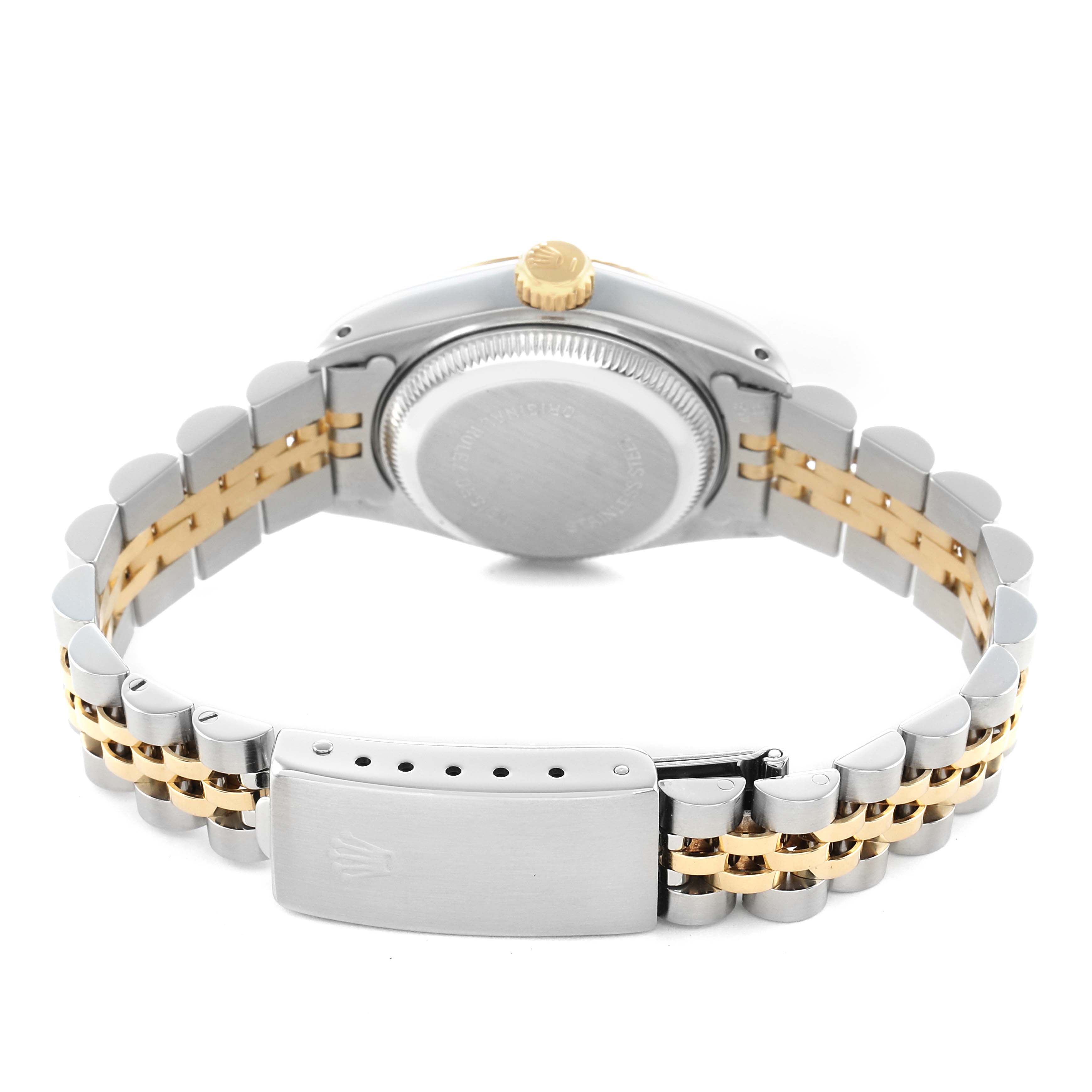 This image shows the back view of a Rolex Datejust 69173 Women's Steel and Gold (two tone) Black Dial, highlighting the case back, crown, and two-tone metal bracelet with a clasp.