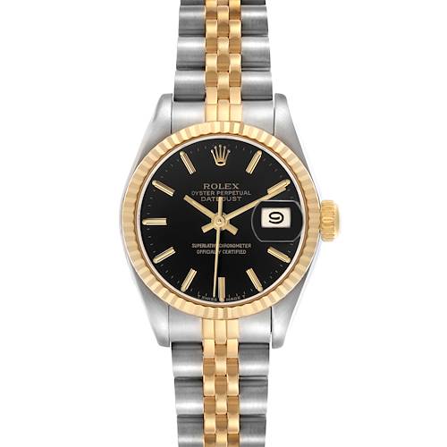 The Rolex Datejust 69173 Women
s Steel and Gold (two tone) Black Dial watch is shown from a top-down angle, highlighting the face, bezel, and Jubilee bracelet.