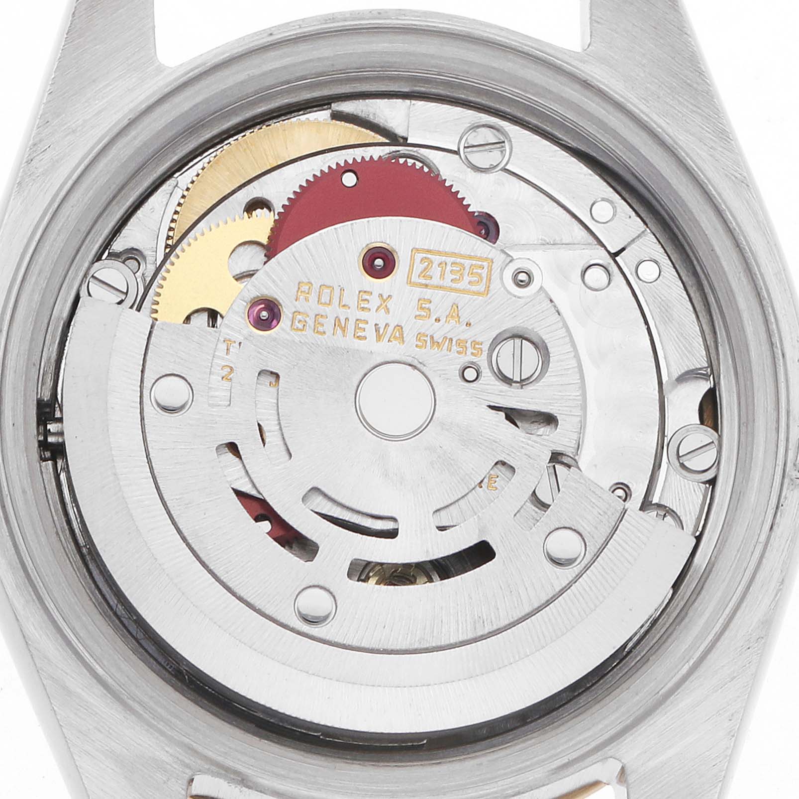 The image shows the movement of a Rolex Datejust 69173 Women's Steel and Gold (two tone) Black Dial watch from the back, highlighting gears and rotors.