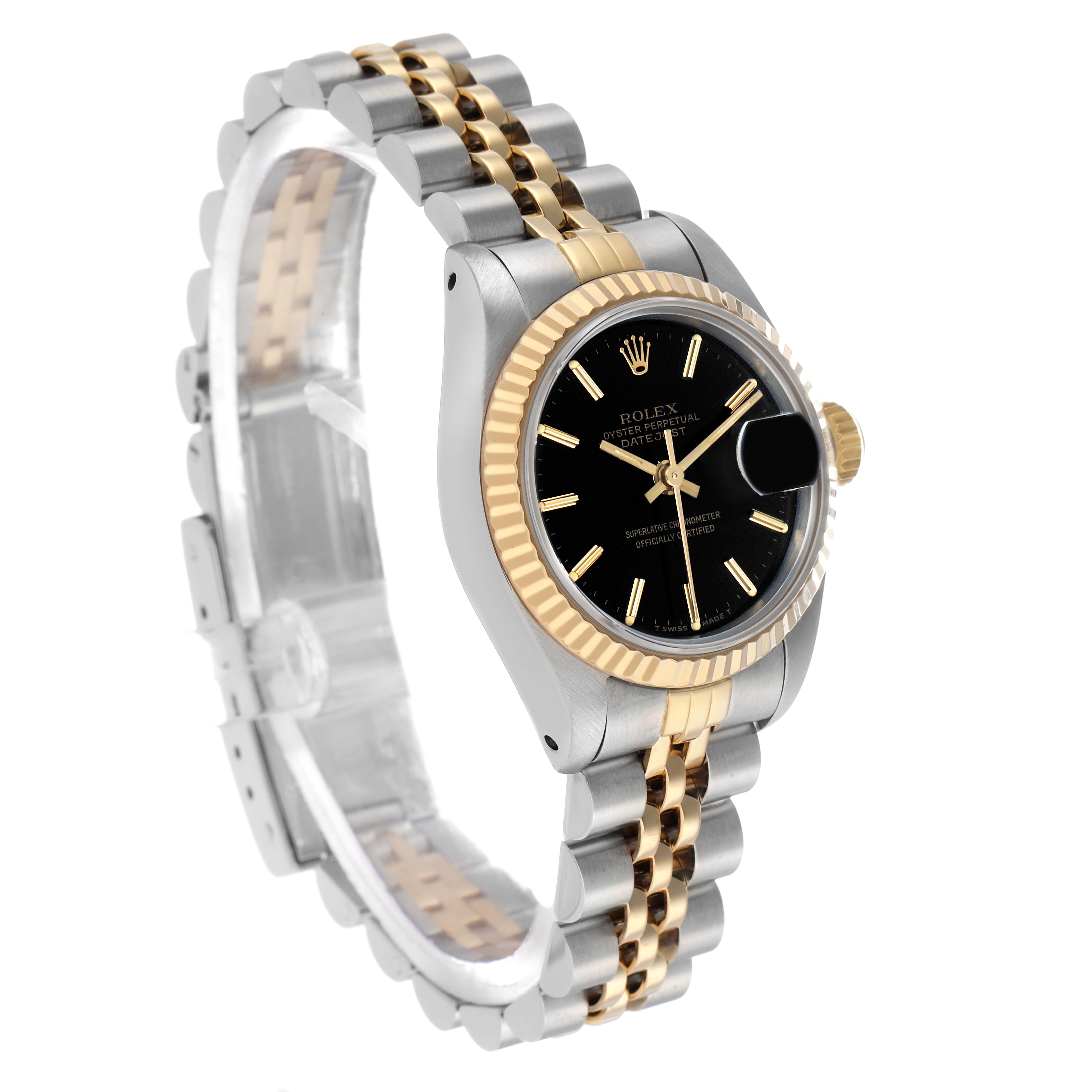 The Rolex Datejust 69173 Women's Steel and Gold (two tone) Black Dial watch is shown at a three-quarter angle, highlighting the dial, bezel, and bracelet.