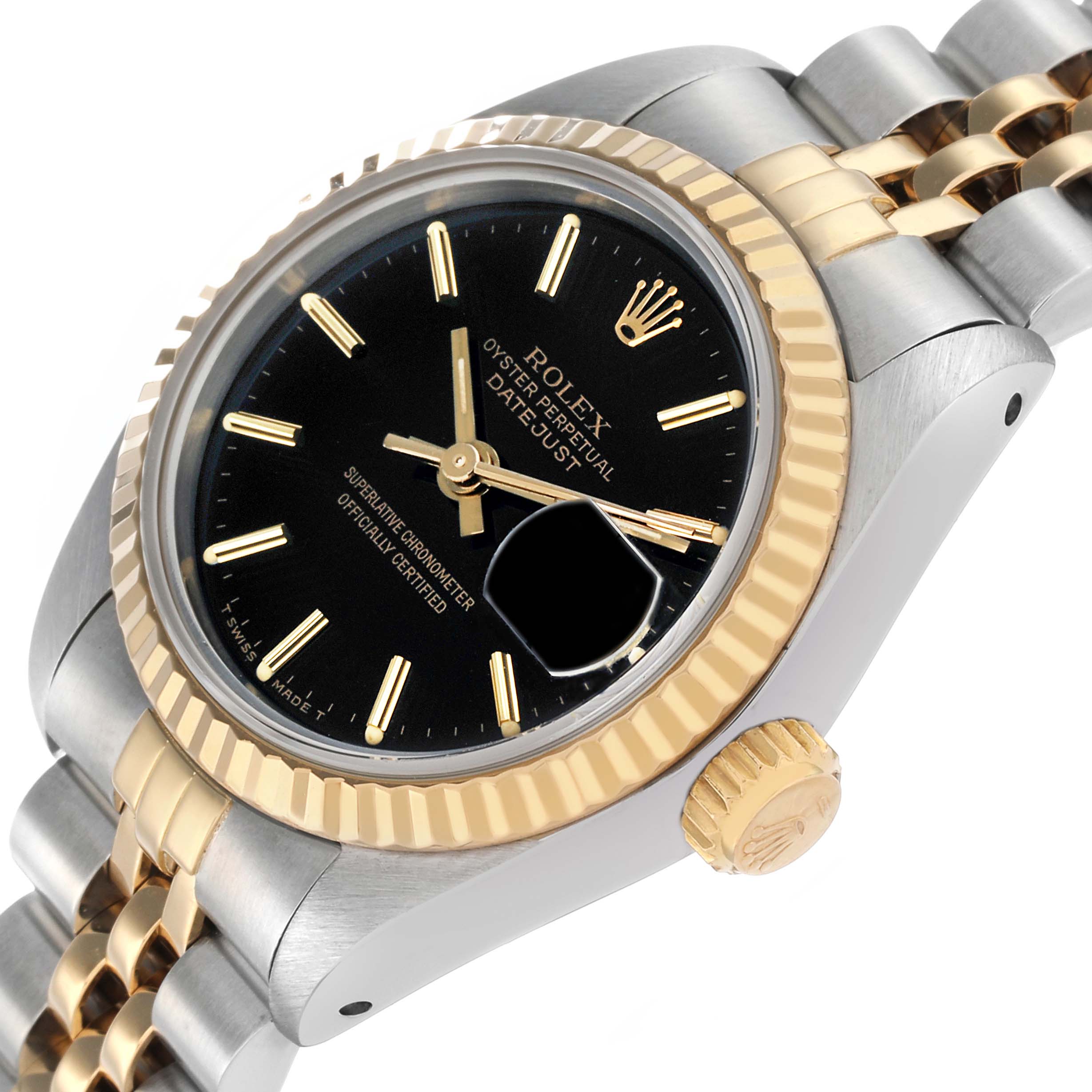 The Rolex Datejust 69173 Women's Steel and Gold (two tone) Black Dial watch is shown at an angle highlighting the dial, crown, fluted bezel, and two-tone bracelet.