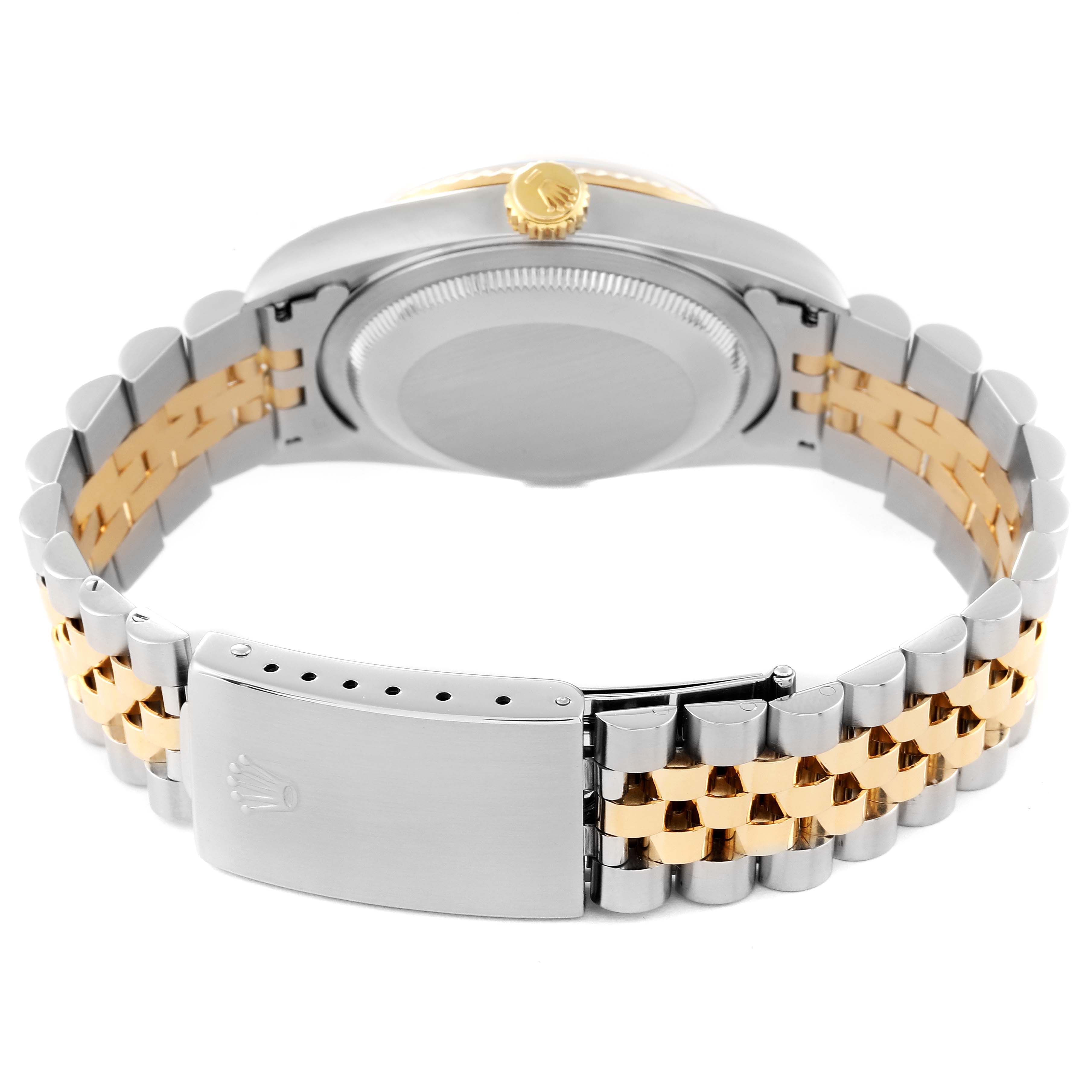 The image shows the back view of a Rolex Datejust 16233 Men's Steel and Gold (two tone) Blue Dial 16233 Men's Steel and Gold (two tone) Blue Dial watch focusing on the bracelet and clasp.