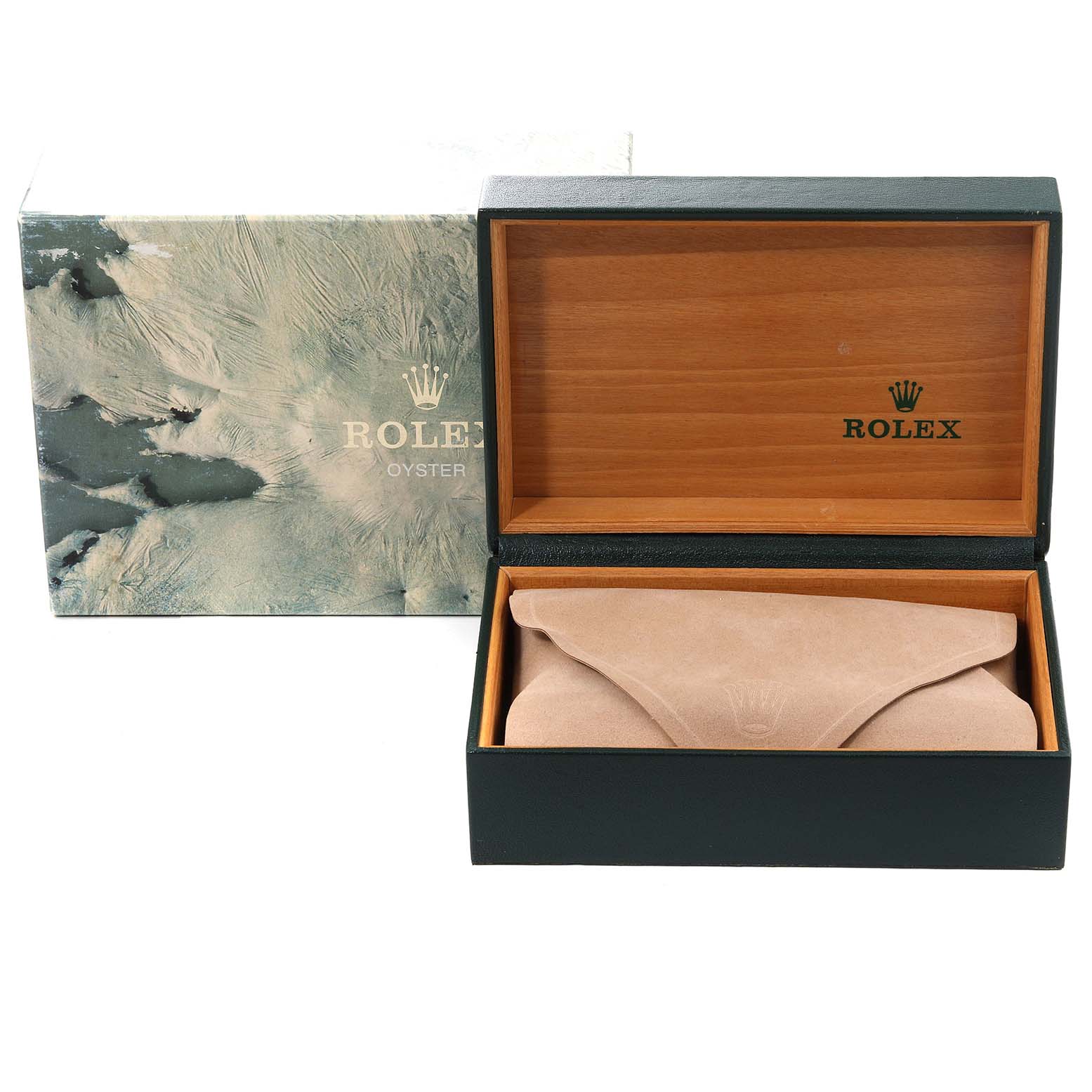 The image shows the packaging of a Rolex Datejust 16233 Men's Steel and Gold (two tone) Blue Dial 16233 Men's Steel and Gold (two tone) Blue Dial watch, including the outer box, inner wooden box, and a protective suede pouch.