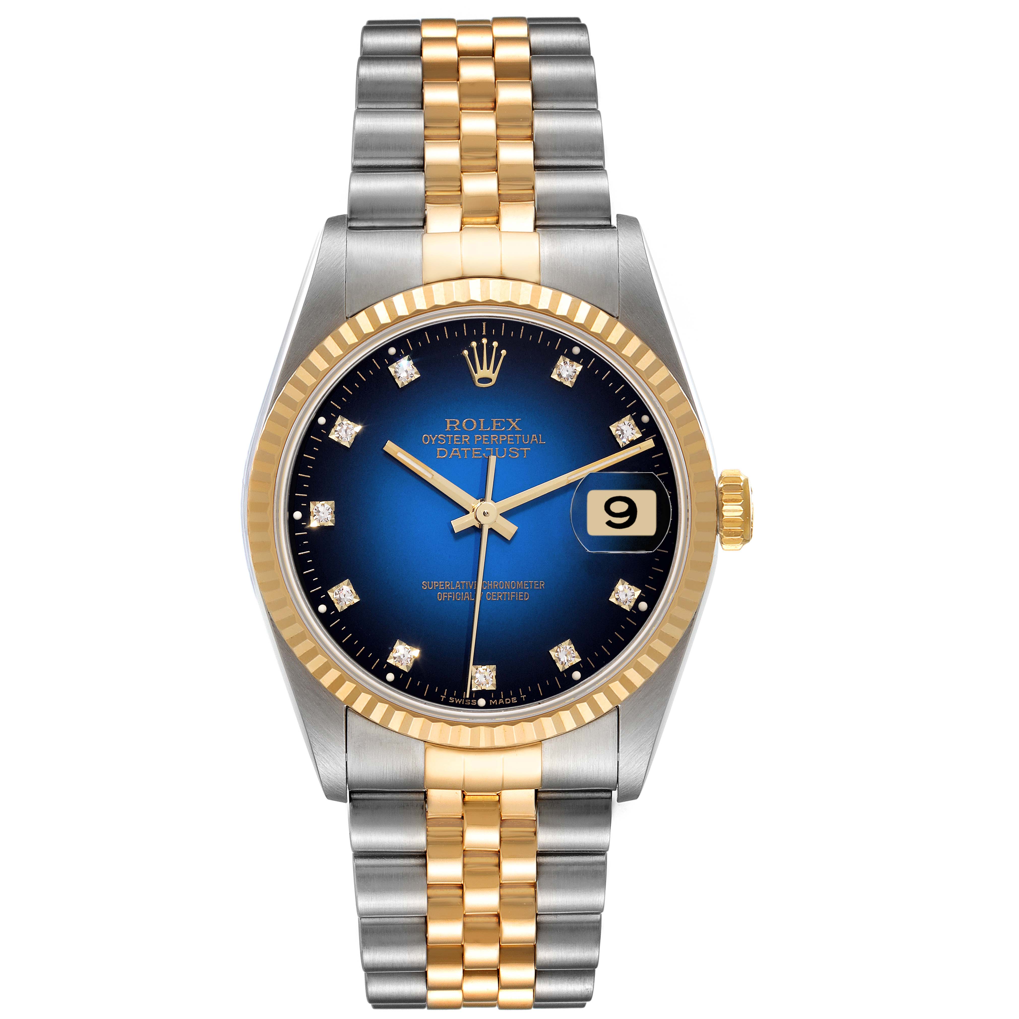 This image shows a front view of a Rolex Datejust 16233 Men's Steel and Gold (two tone) Blue Dial 16233 Men's Steel and Gold (two tone) Blue Dial watch with a blue dial, diamond hour markers, and a two-tone bracelet.