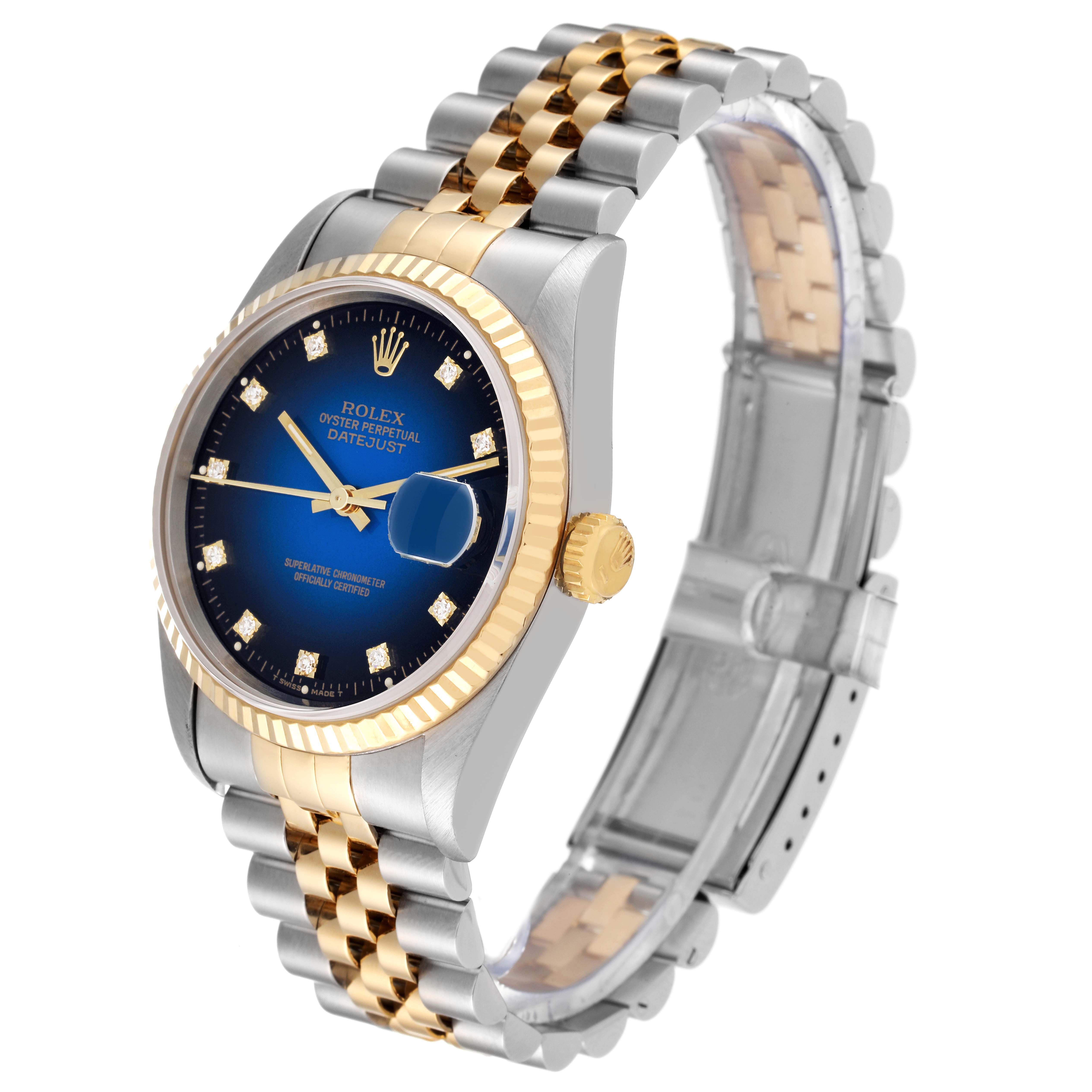 The Rolex Datejust 16233 Men's Steel and Gold (two tone) Blue Dial 16233 Men's Steel and Gold (two tone) Blue Dial watch is shown at a three-quarter angle, highlighting the face, bezel, crown, and bracelet.