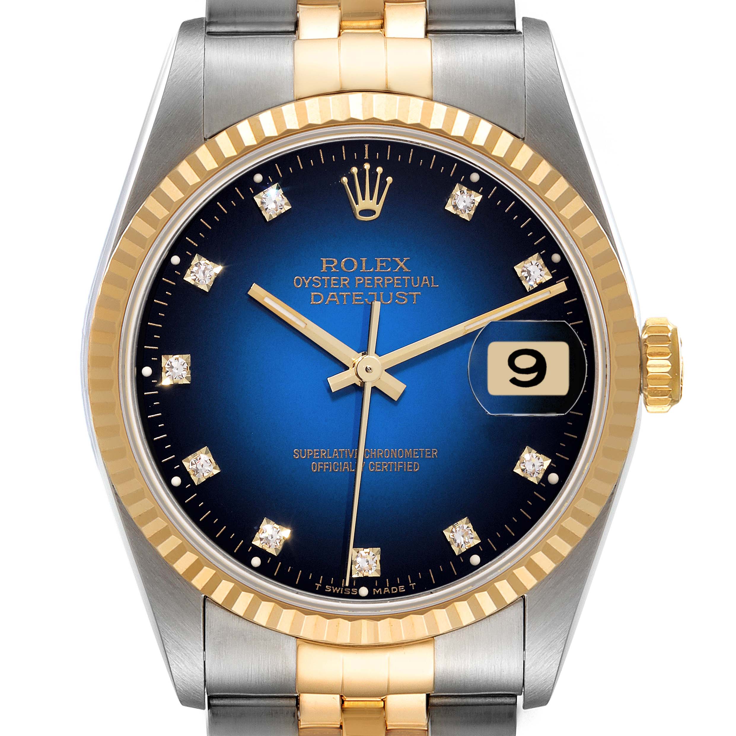The Rolex Datejust 16233 Men's Steel and Gold (two tone) Blue Dial 16233 Men's Steel and Gold (two tone) Blue Dial watch is shown from the front, displaying the dial, bezel, and a portion of the bracelet.