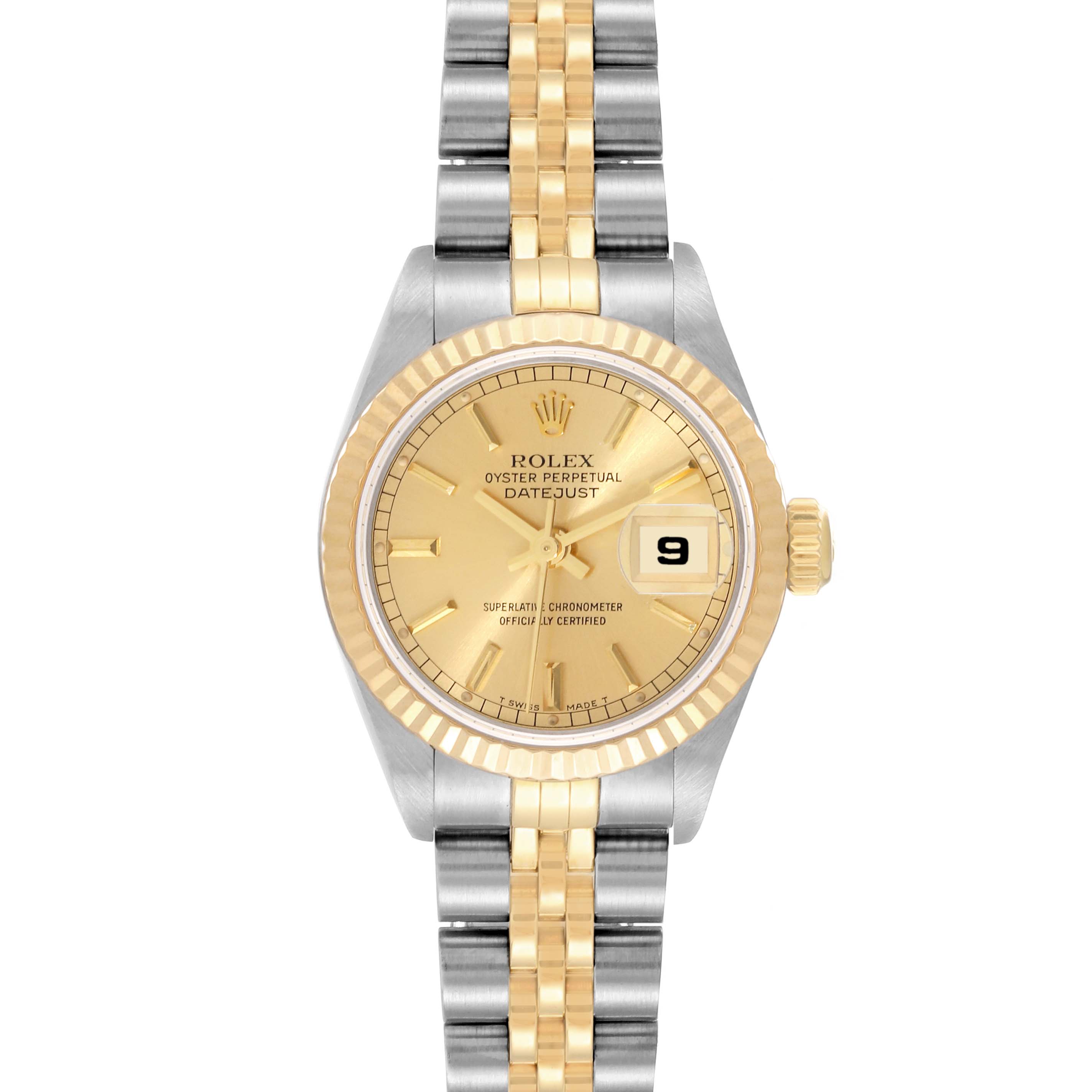 This image shows a front view of a Rolex Datejust 79173 Women's Steel and Gold (two tone) Champagne Dial 79173 Women's Steel and Gold (two tone) Champagne Dial watch, highlighting its dial, bezel, and bracelet.