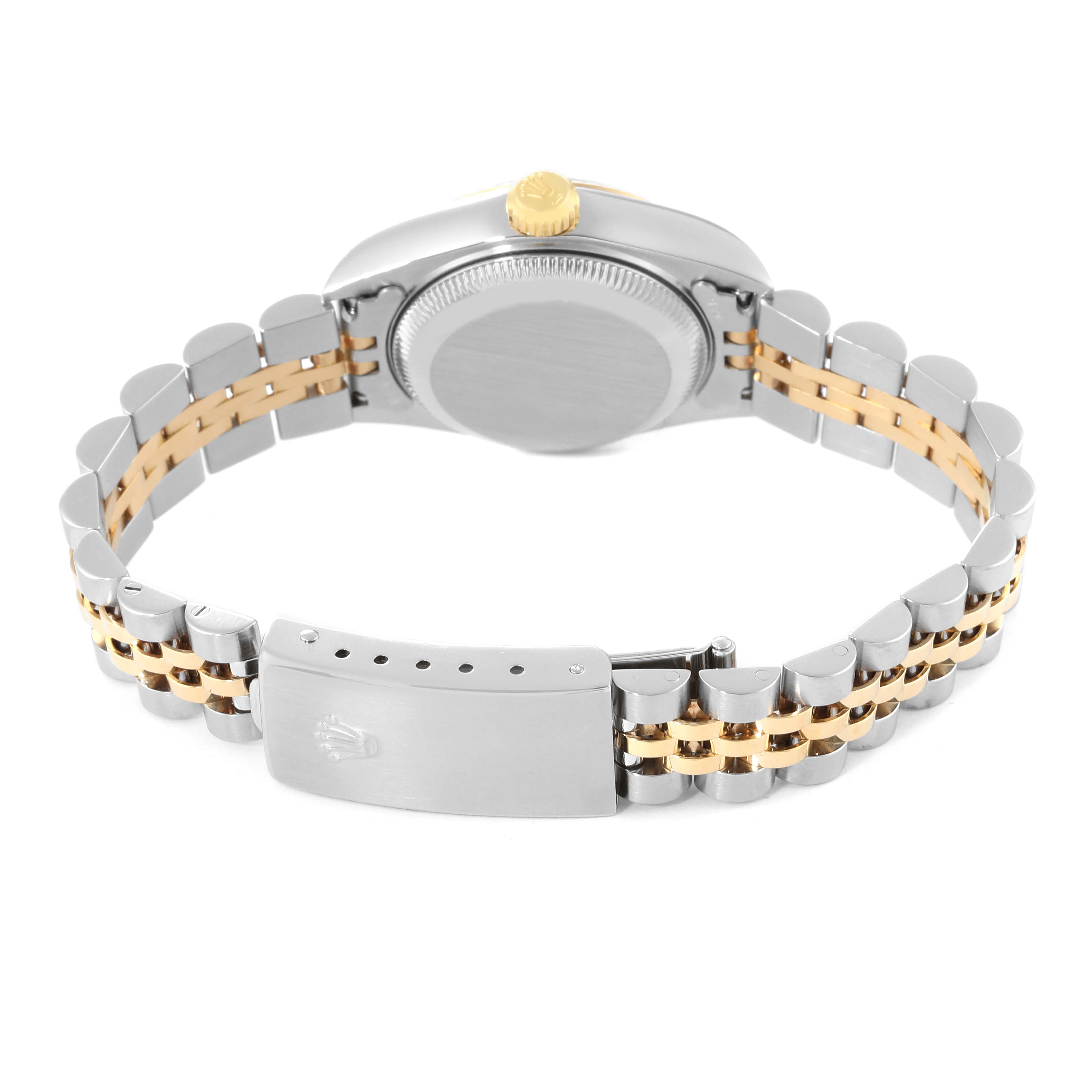 This image shows the back view of a Rolex Datejust 79173 Women's Steel and Gold (two tone) Champagne Dial 79173 Women's Steel and Gold (two tone) Champagne Dial watch, highlighting the case back and bracelet clasp.