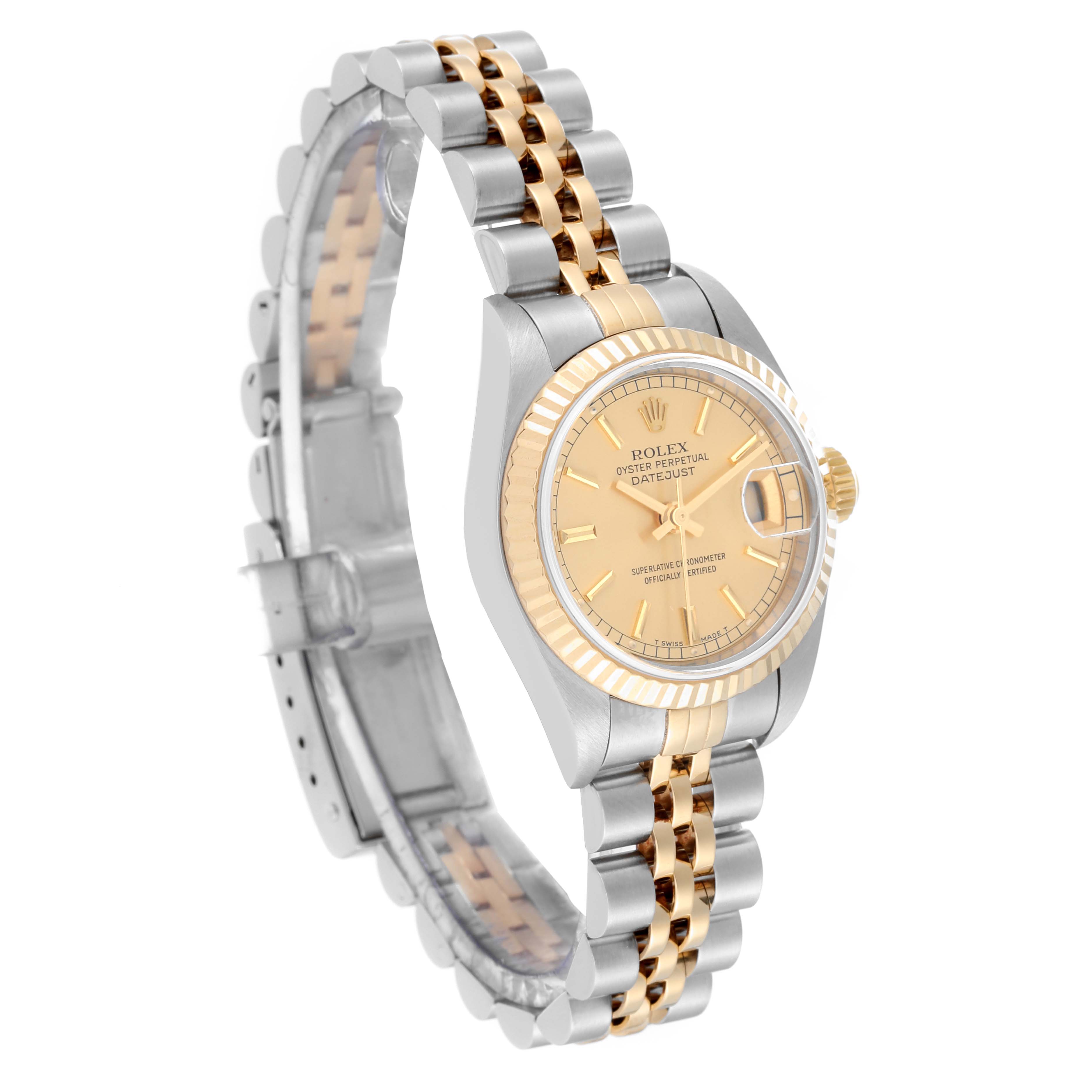 This image shows a side view of the Rolex Datejust 79173 Women's Steel and Gold (two tone) Champagne Dial 79173 Women's Steel and Gold (two tone) Champagne Dial watch, highlighting the two-tone bezel, dial, and bracelet.